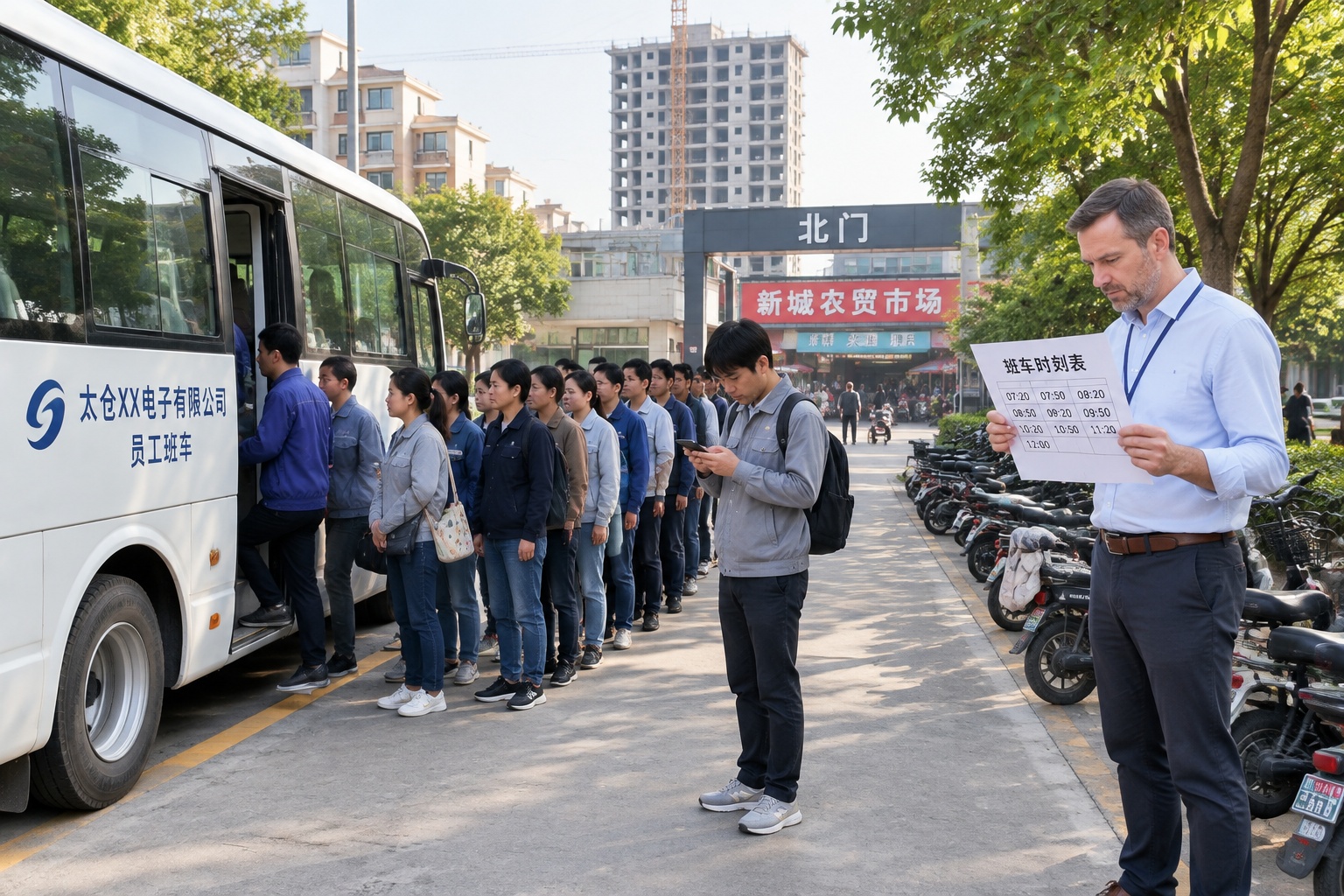 Workers board a company shuttle bus at a residential compound gate in Taicang at 7:20 a.m., with rows of parked e-bikes and an unfinished apartment tower behind them.