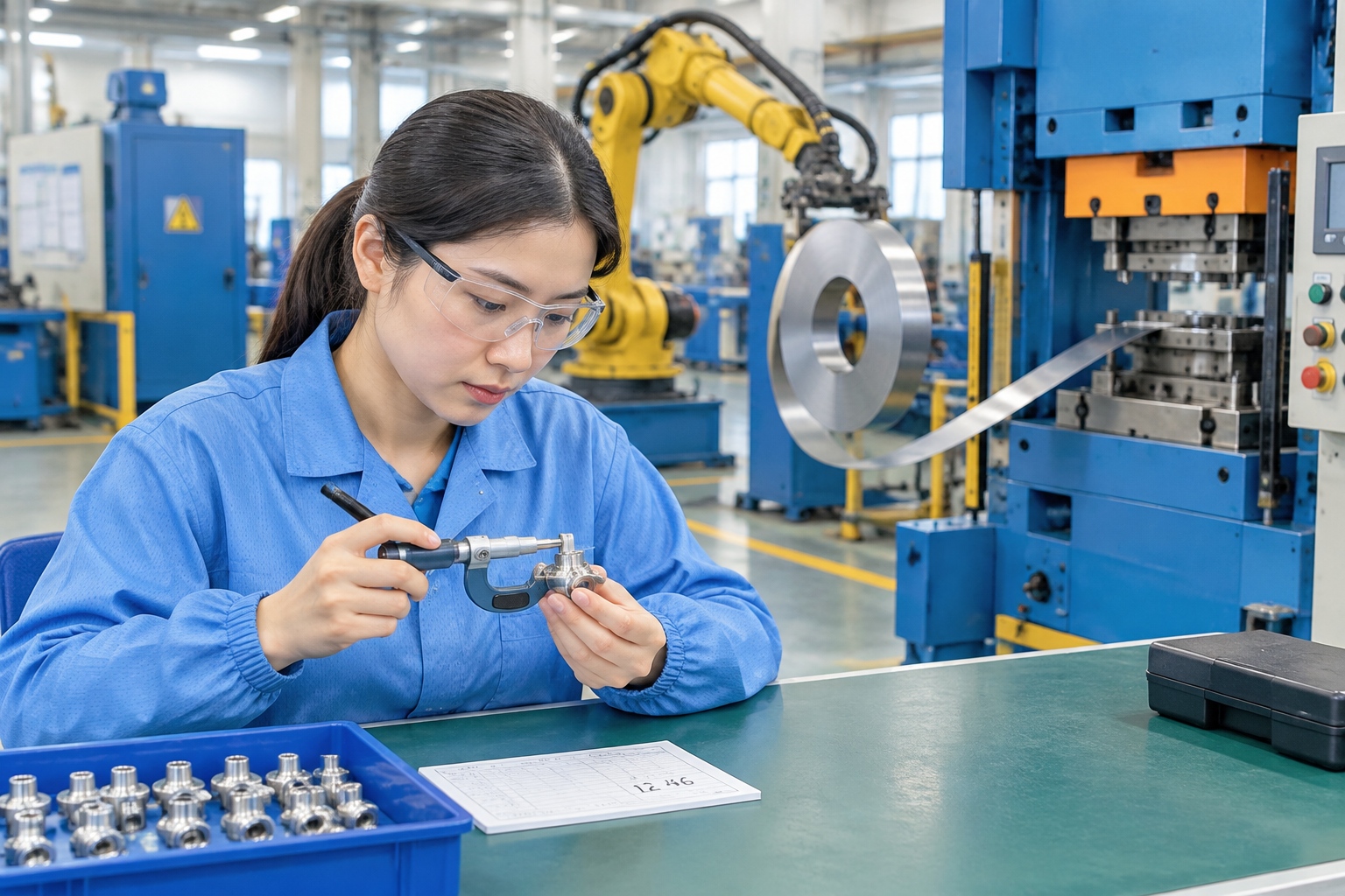 A technician in a blue smock measures a small metal connector with a micrometer on a factory floor in Taicang while a robotic arm moves steel strip behind her.