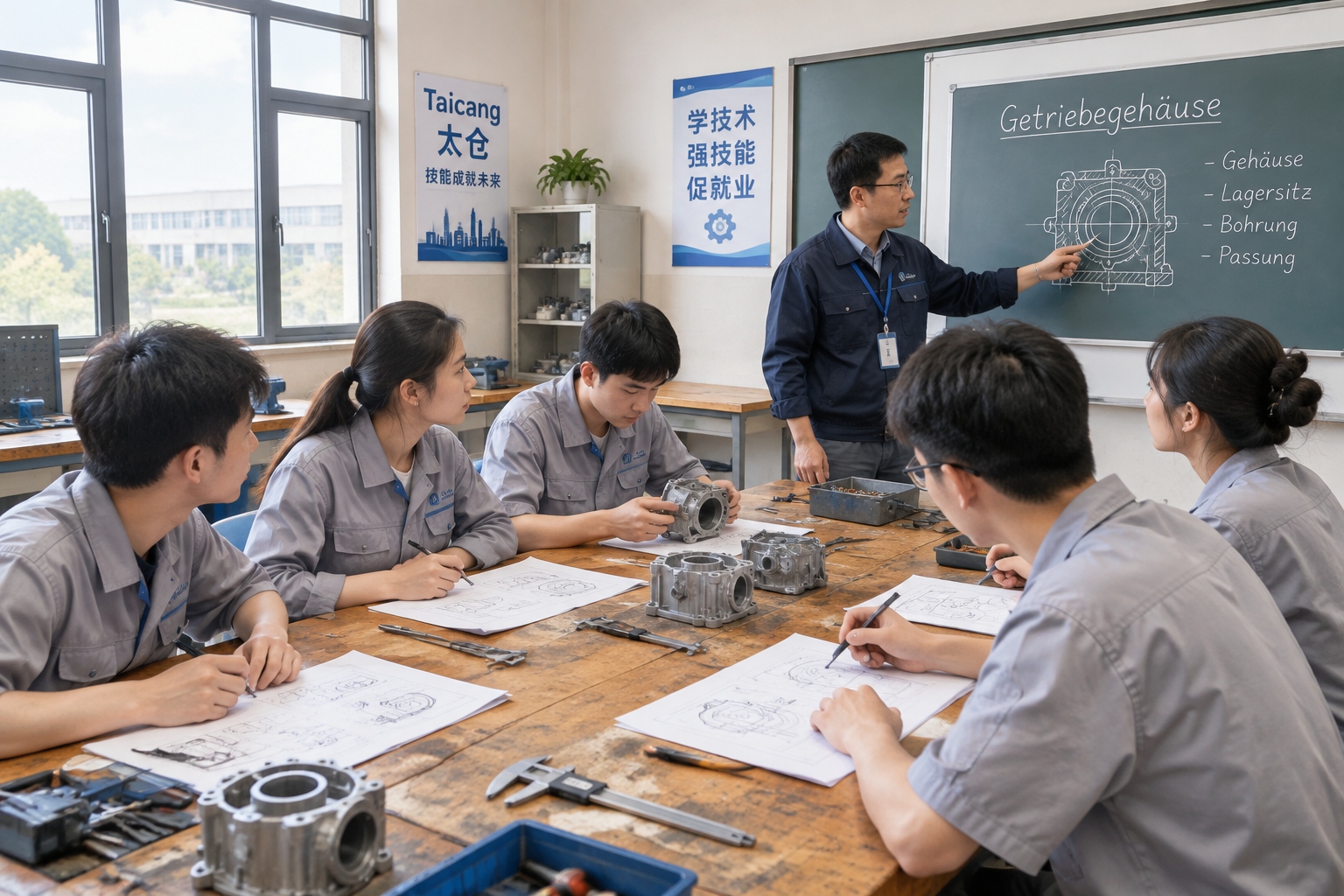 Chinese vocational students in their late teens study bilingual technical drawings at workbenches during a German-style dual training class in Taicang.