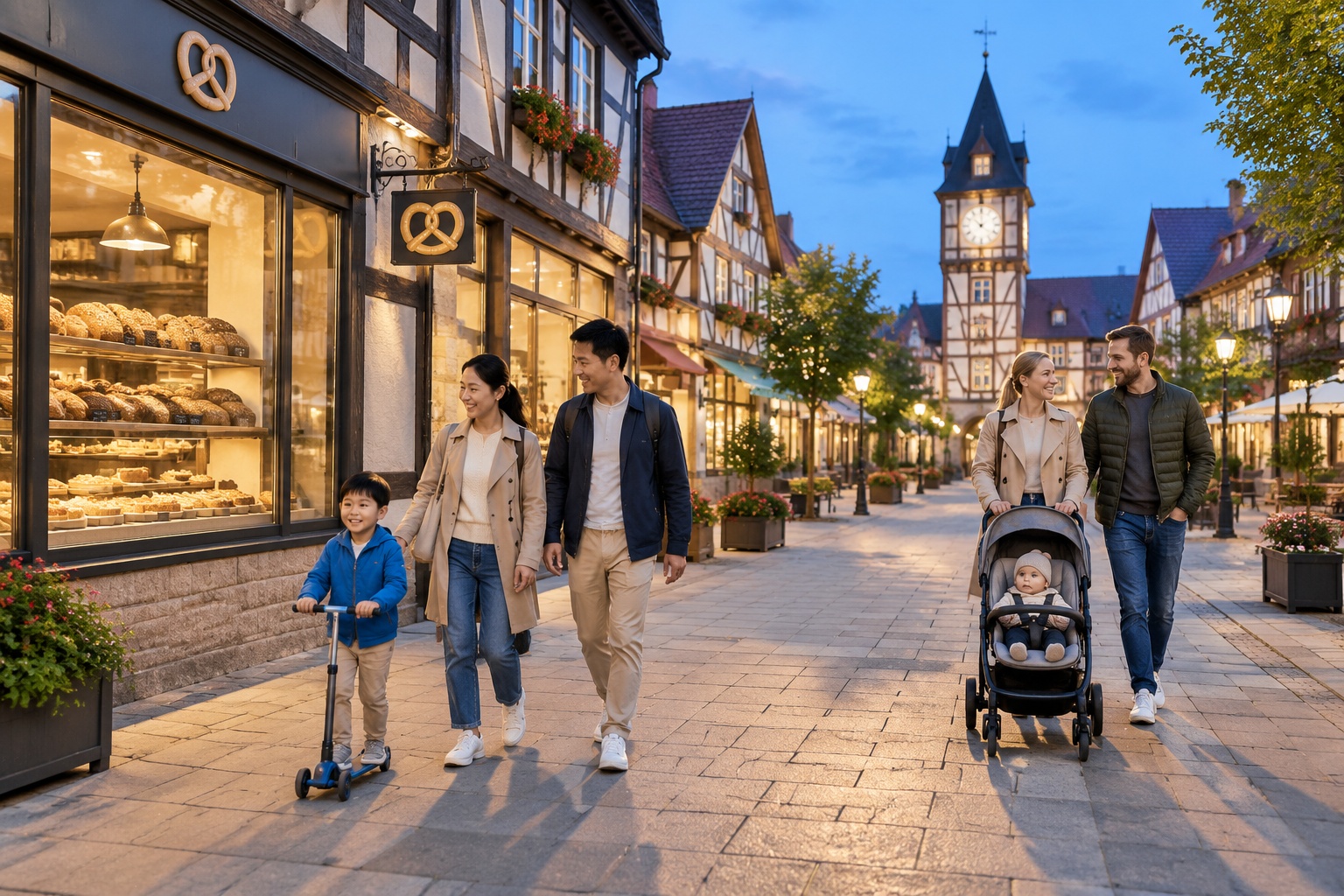 Families walk past half-timbered facades on a German-style street in Taicang at dusk, with warm shop lights and a bakery window full of dark bread.