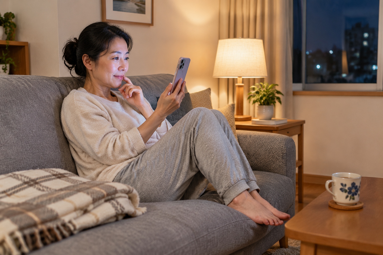 A woman in her forties watching a vertical short drama on her phone in a dim living room at night