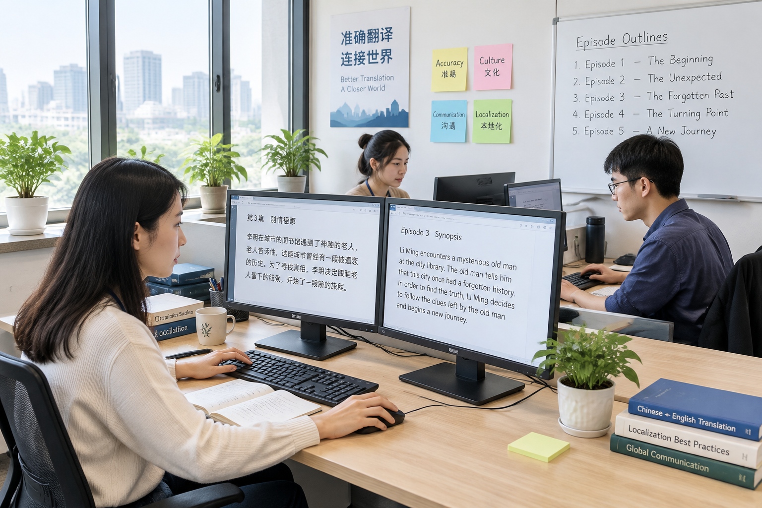 Chinese editors at dual monitors comparing Chinese and English text in a localisation office