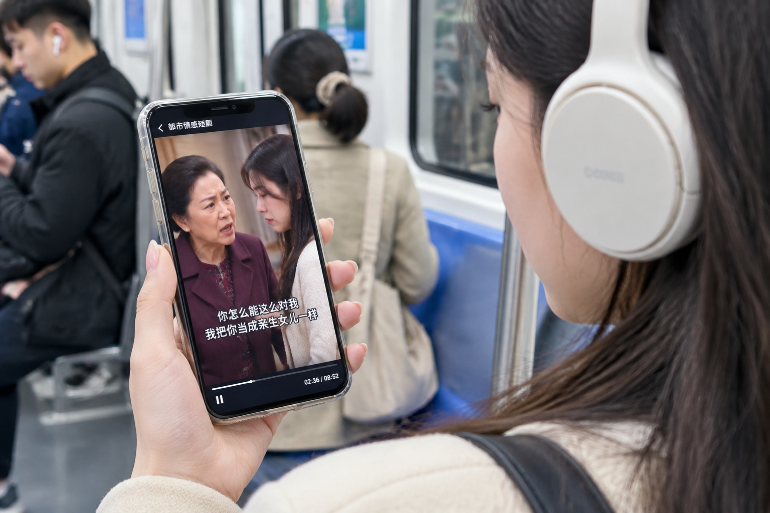 A woman watching a Chinese short drama on her smartphone while riding the subway, with the screen showing a tense mother-in-law and daughter-in-law scene.
