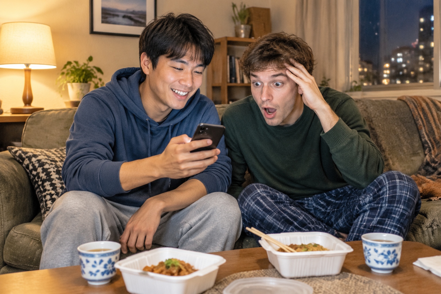 Two friends at home at night look at a phone together, one reacting in disbelief to a video on the screen