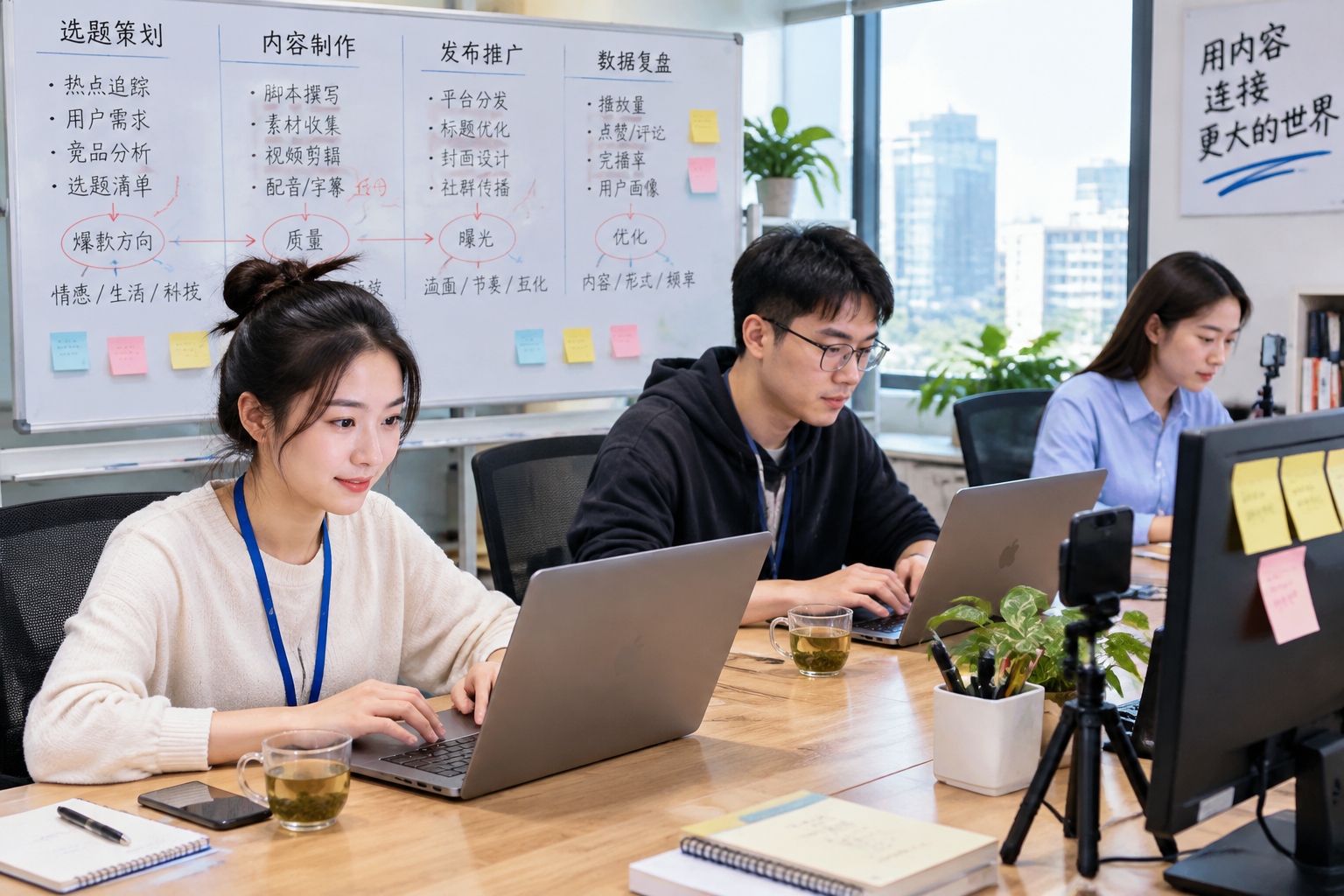 Young editors work at laptops in a Chinese digital media office with a whiteboard full of scribbled headline drafts