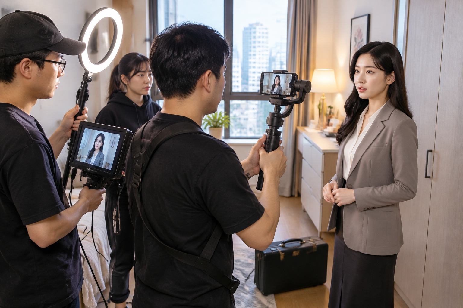 A small crew films a vertical short drama in a cramped apartment, with an actress facing a phone mounted on a gimbal