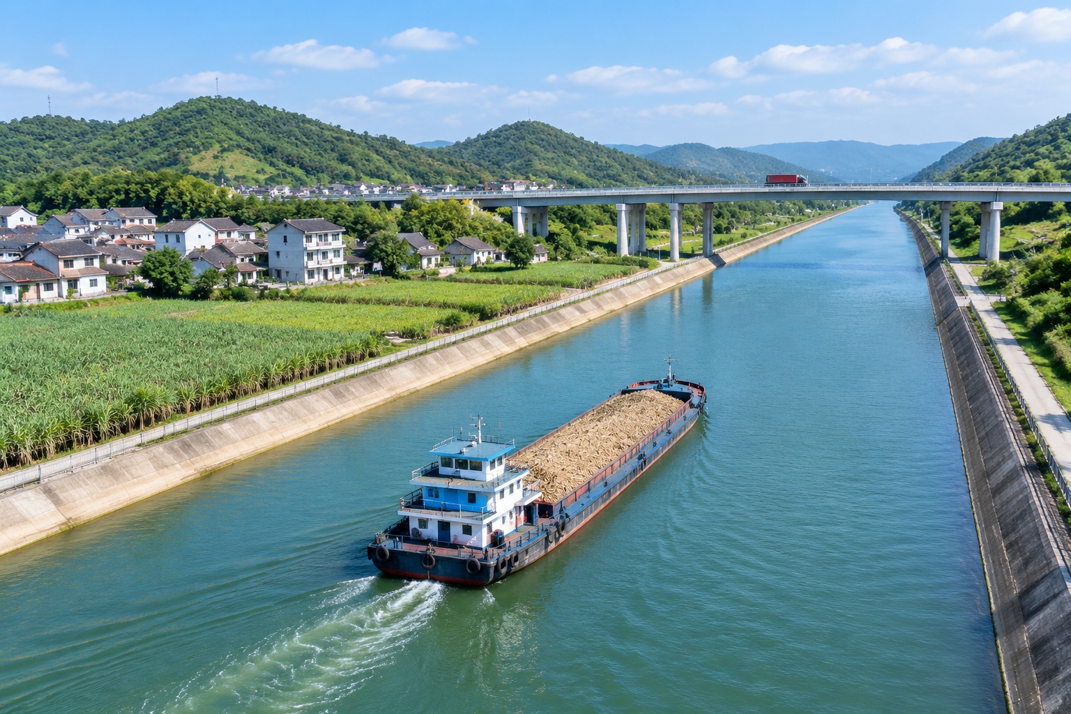Pinglu Canal Opens: How a 134-Kilometer Waterway Cuts Southwest China's Sea Route by 560 Kilometers 22 Aerial view of a 5,000-tonne barge travelling along the Pinglu Canal in Guangxi, passing sugarcane fields and a new highway bridge