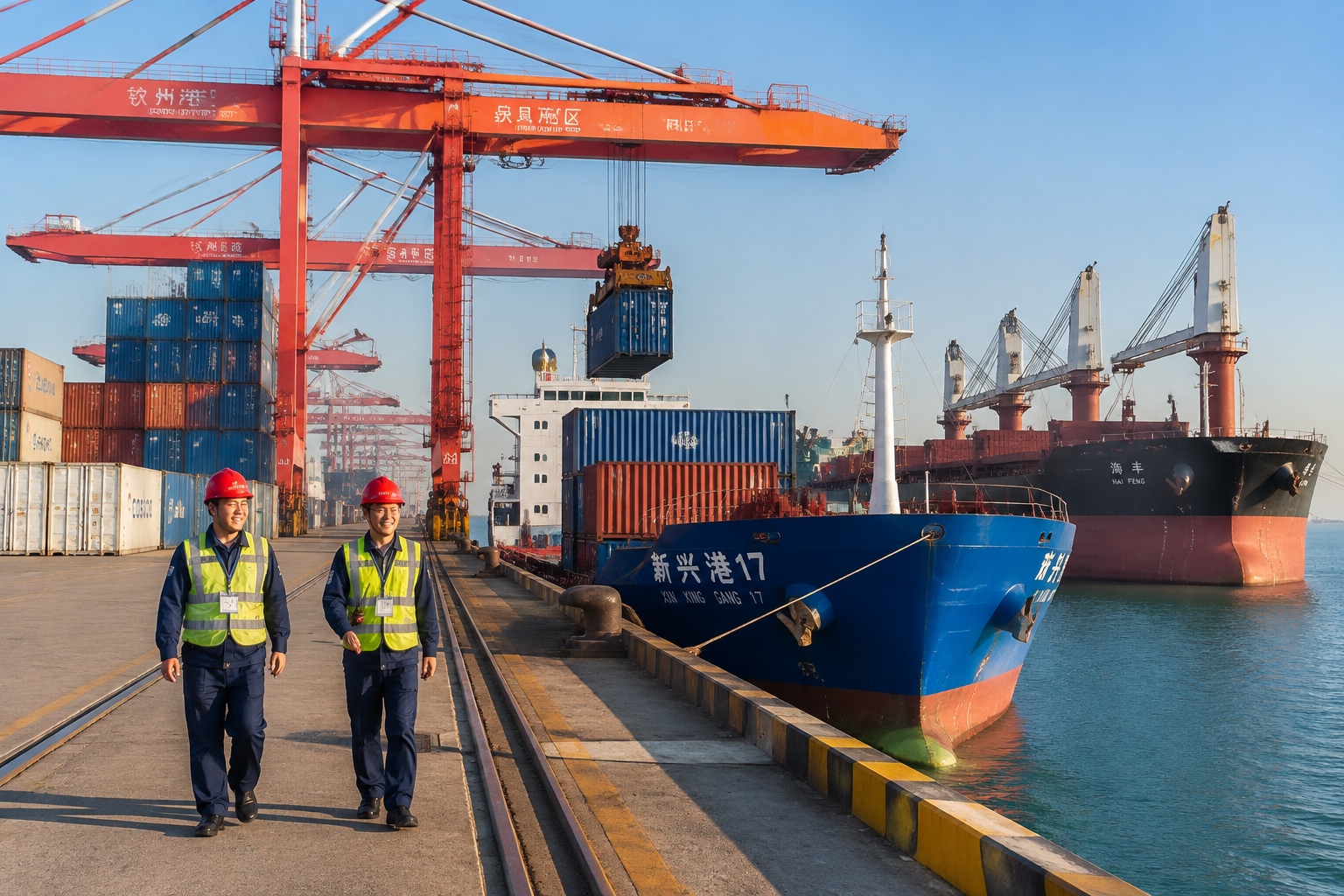 Pinglu Canal Opens: How a 134-Kilometer Waterway Cuts Southwest China's Sea Route by 560 Kilometers 24 Container cranes and stacked containers at Qinzhou port on the Beibu Gulf, where cargo from the Pinglu Canal reaches the sea