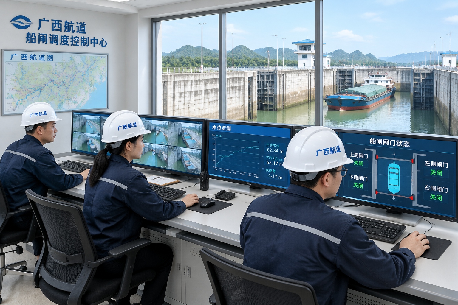 Pinglu Canal Opens: How a 134-Kilometer Waterway Cuts Southwest China's Sea Route by 560 Kilometers 23 Technicians monitoring screens in the control room of the Madao navigation hub during Pinglu Canal trial operations