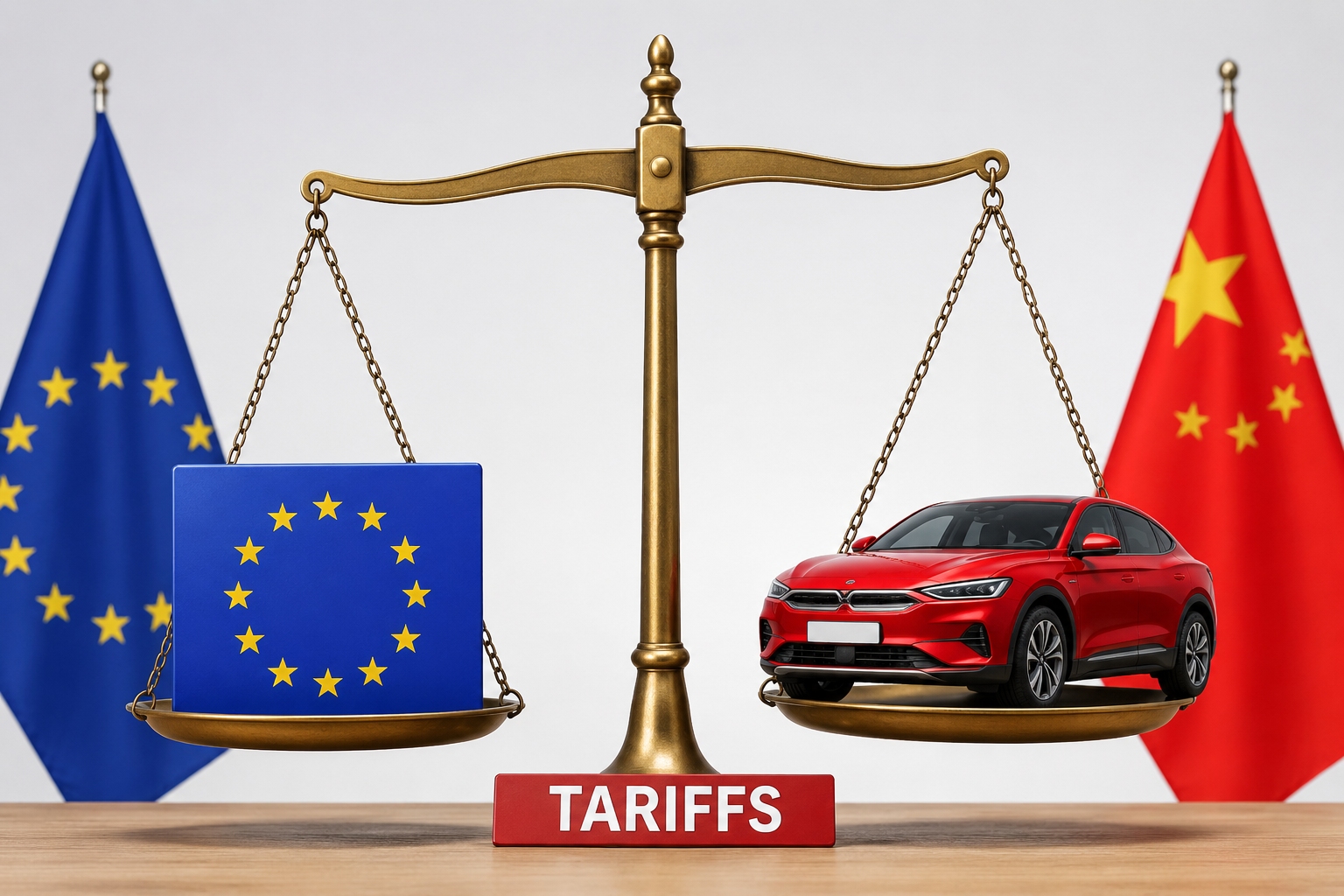 Symbolic representation of EU-China trade tensions regarding electric vehicle tariffs