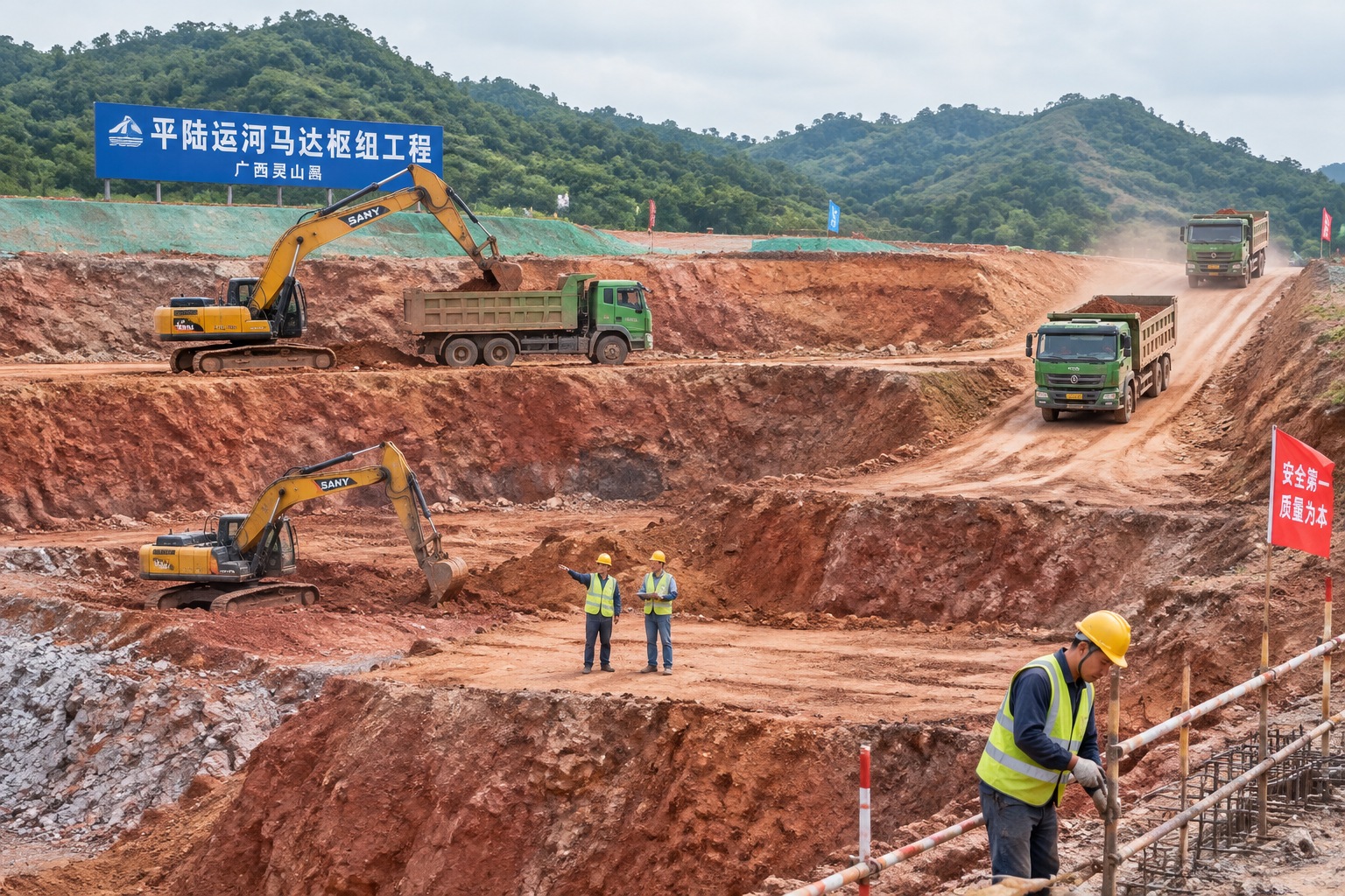 Excavators and dump trucks work inside the red-earth pit of the Mada lock under construction on the Pinglu Canal in Guangxi, China.