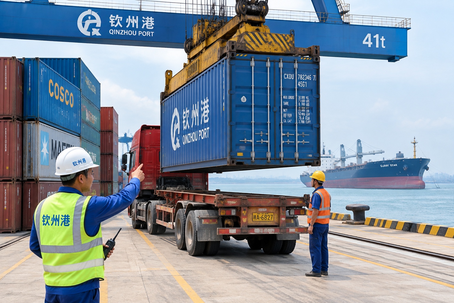 A truck loads a container under a gantry crane at Qinzhou Port in Guangxi, with stacked containers and a ship visible behind.
