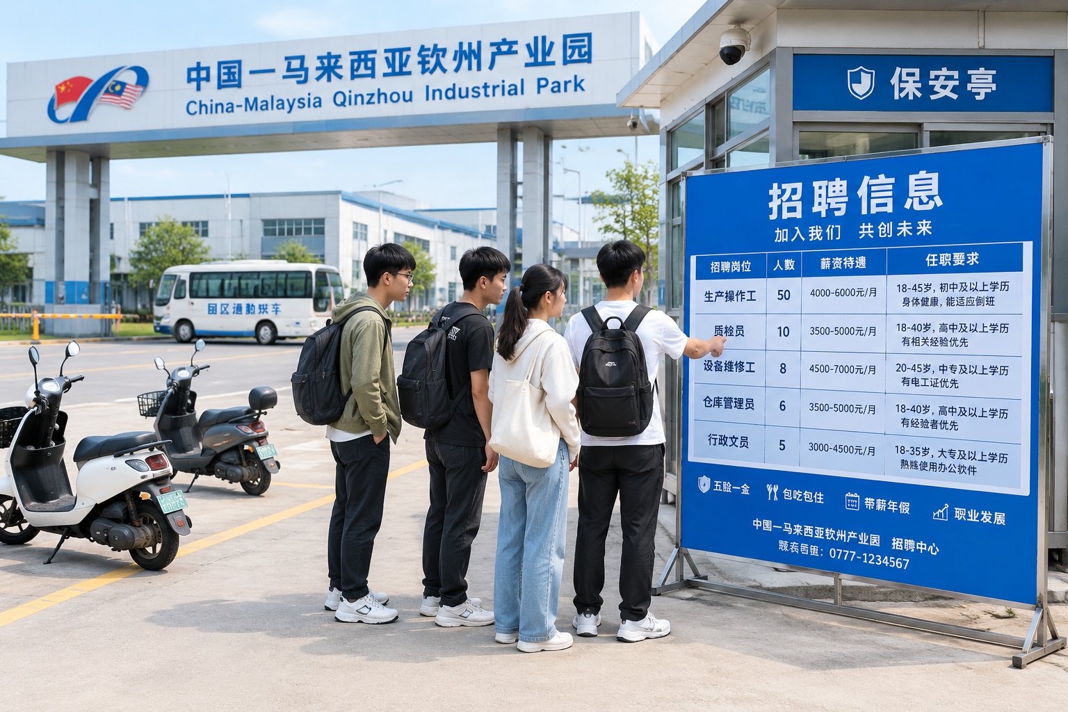 Young job seekers read a blue recruitment board outside a factory gate at the China-Malaysia Qinzhou Industrial Park in Guangxi.