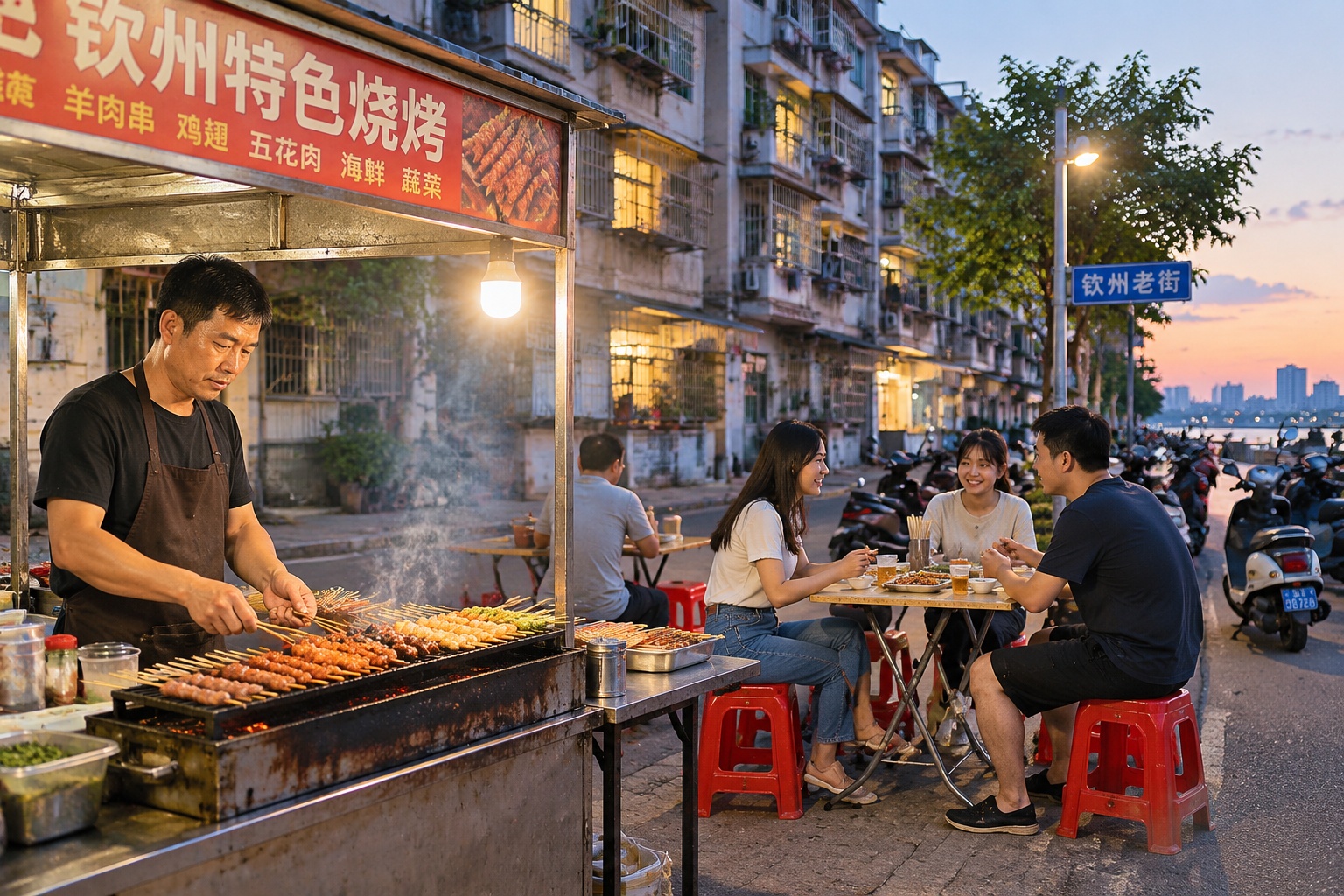 Customers eat at a street barbecue stall in Qinzhou's old quarter at dusk, with apartment buildings and parked scooters behind them.