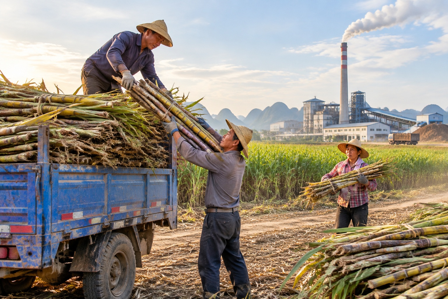 No More Detours Through Guangzhou: What the Pinglu Canal Saves for Yunnan, Guizhou, Sichuan and Chongqing 23 Farmers loading cut sugarcane onto a truck in Guangxi, China's largest sugar-producing region, with a mill in the background