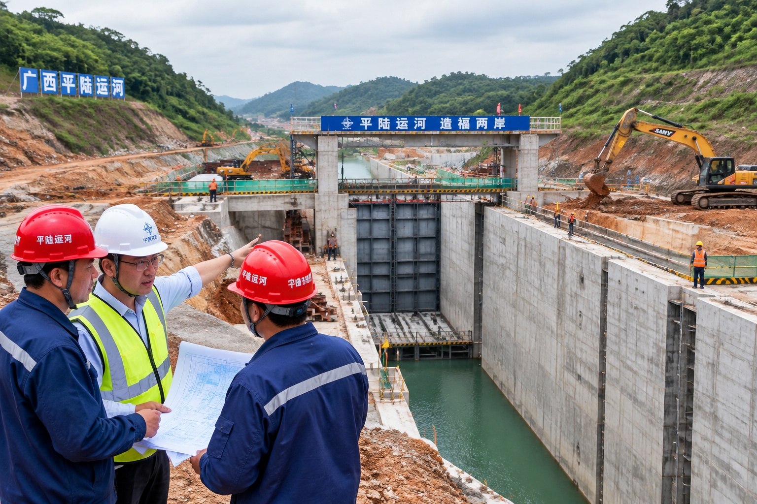 Construction workers and excavators building a lock on the Pinglu Canal in Guangxi, China.