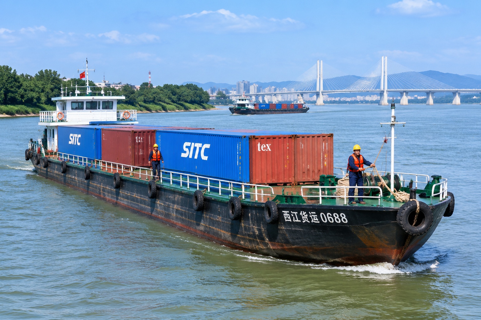 A line of inland barges carrying shipping containers on the Xi River in southern China.