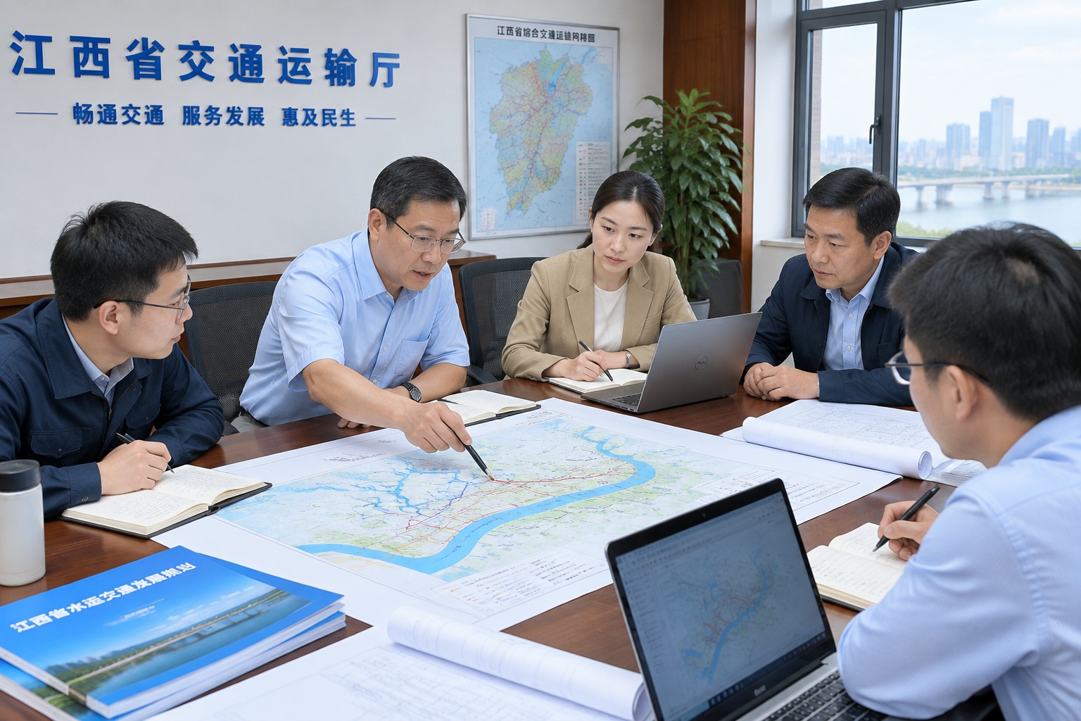 Engineers reviewing maps and plans for the Zhejiang-Jiangxi-Guangdong Canal in a provincial transport office in China.
