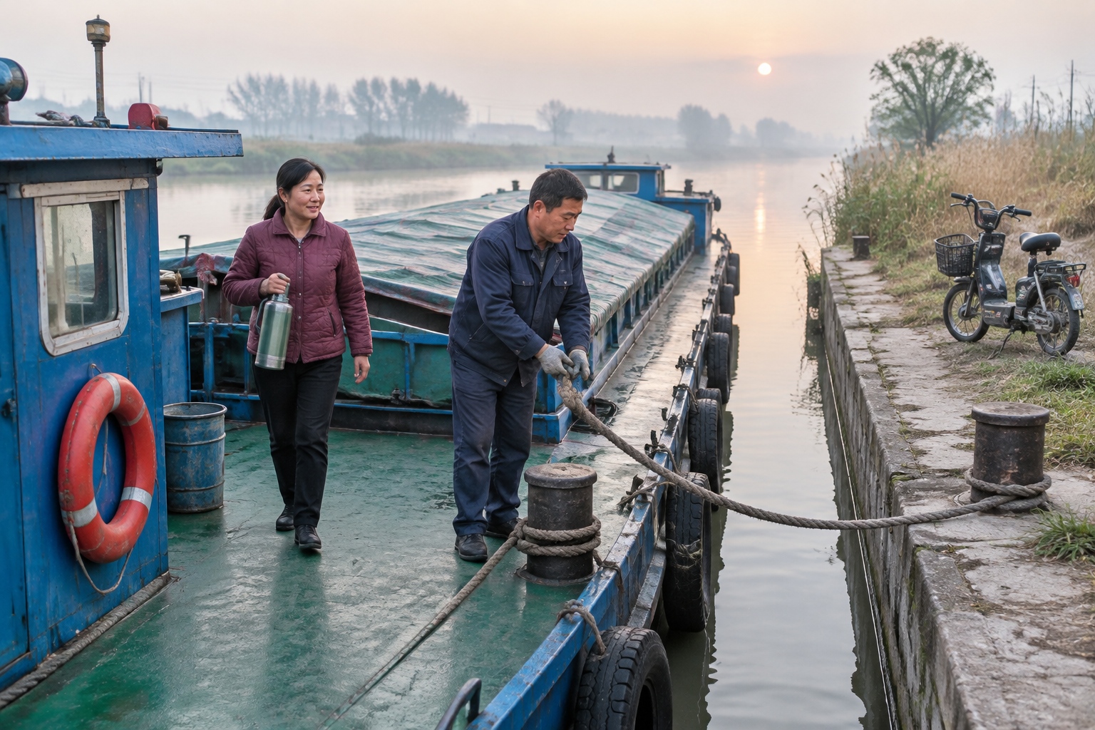 A couple walking along the narrow deck of a family-run cargo barge moored at a canal wharf in Jiangsu at dawn