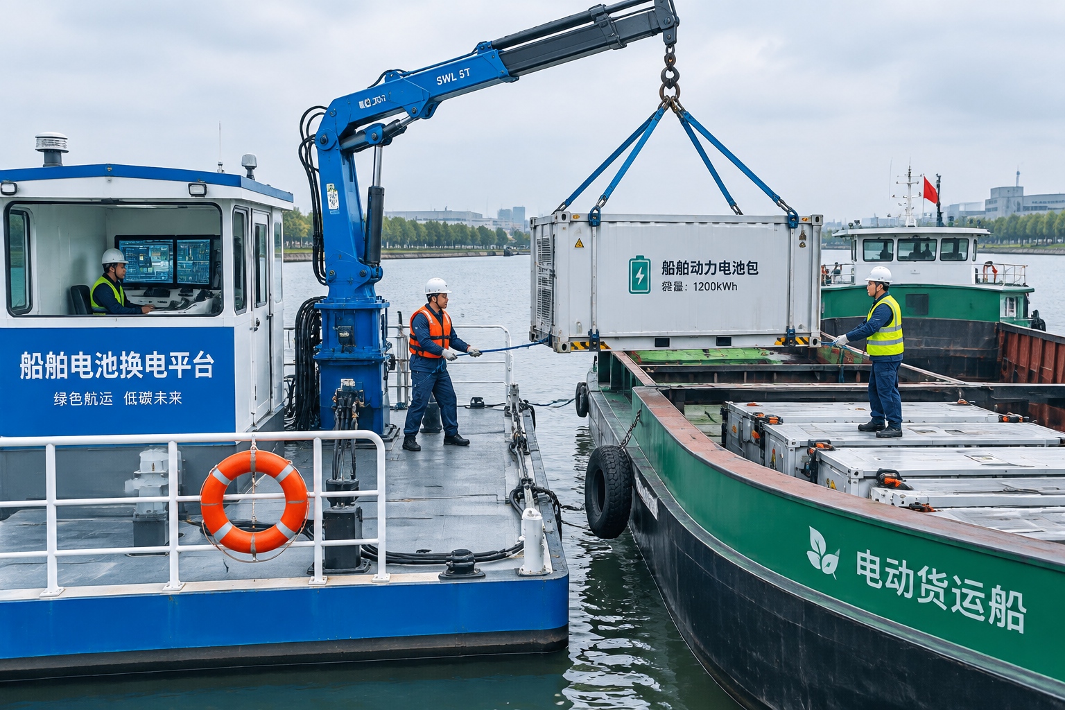 A crane on a floating pontoon lifting a containerised ship battery pack from the deck of an electric cargo barge at a battery swap station