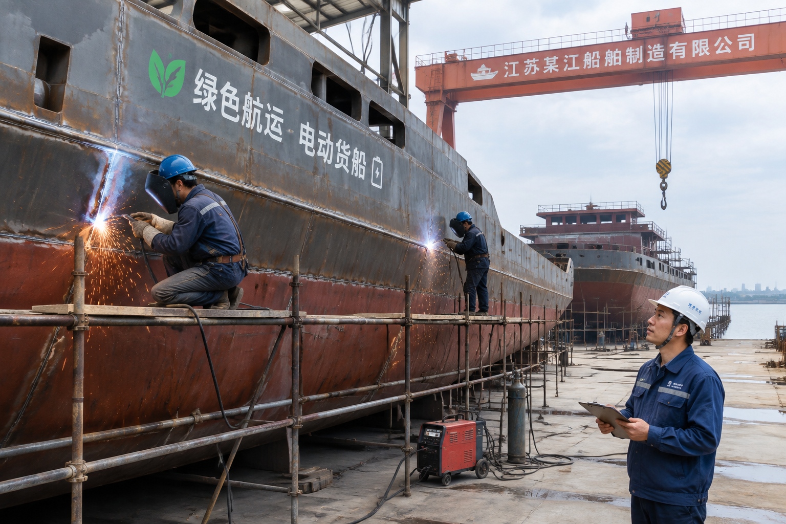 Welders working on the steel hull of an electric cargo ship under construction in a Jiangsu river shipyard
