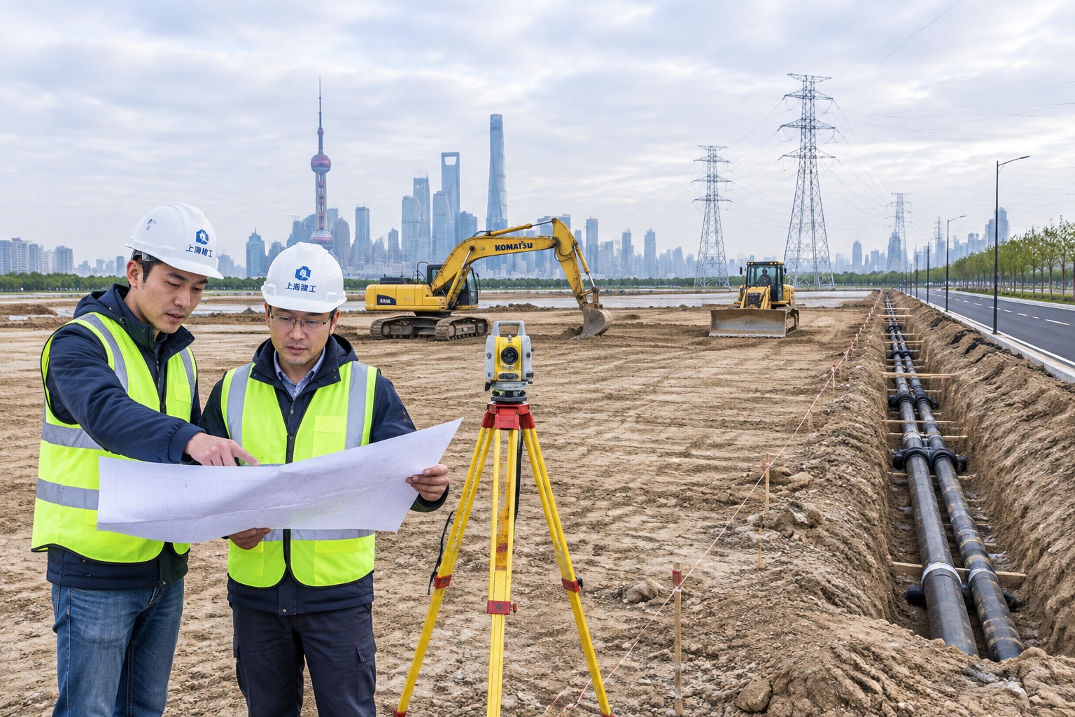 Workers and earthmoving equipment preparing a flat industrial plot with utility trenches and new roads at the edge of Shanghai