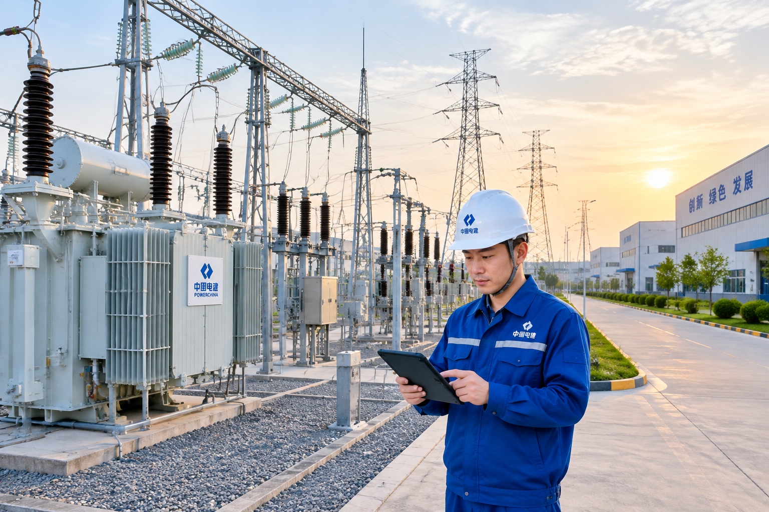 A high-voltage substation and transmission towers next to a modern factory complex supplying power to an industrial park in Shanghai
