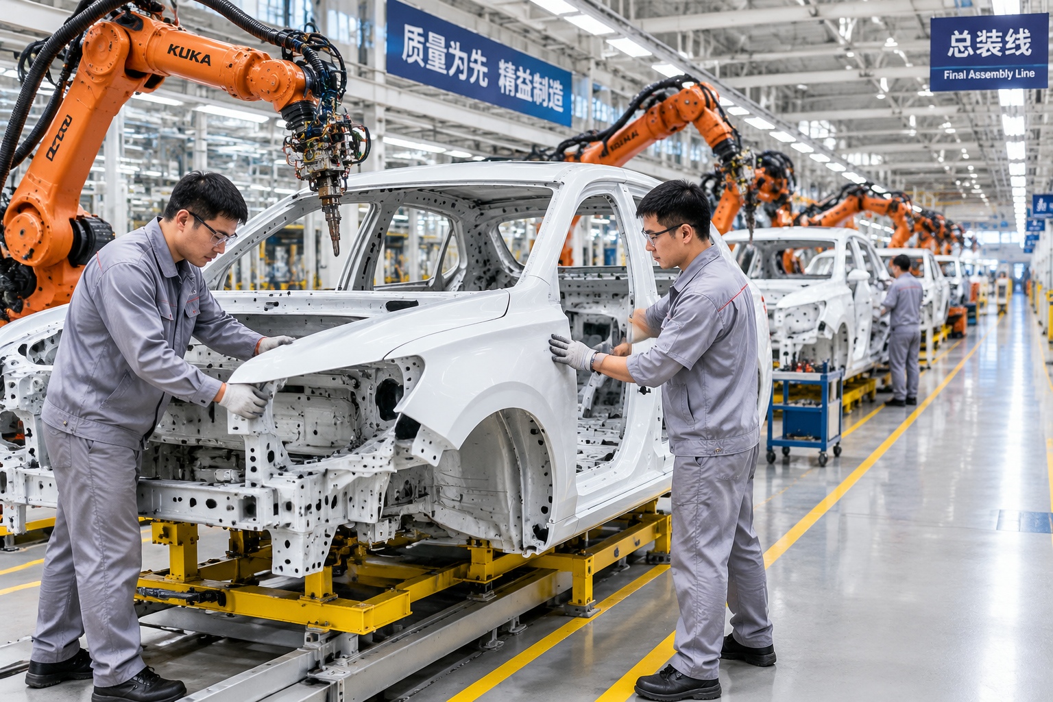 Workers in uniform guiding car bodies along an automated assembly line with orange welding robots inside a car factory in China
