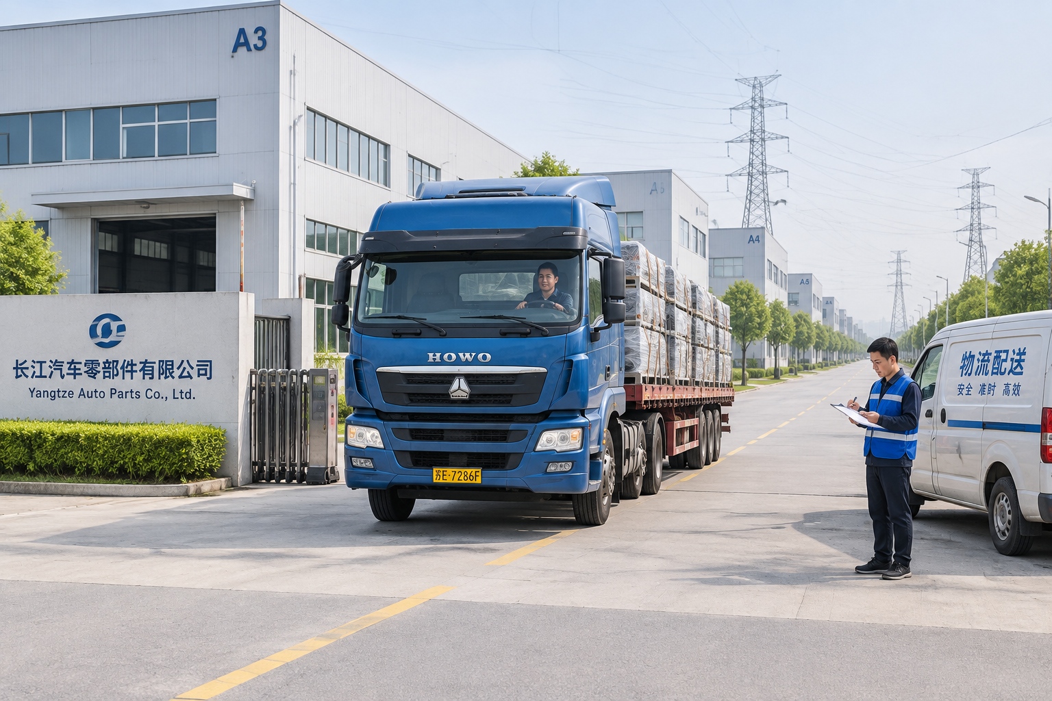 A truck carrying auto parts leaving a supplier factory in a Yangtze River Delta industrial zone lined with similar low-rise plants