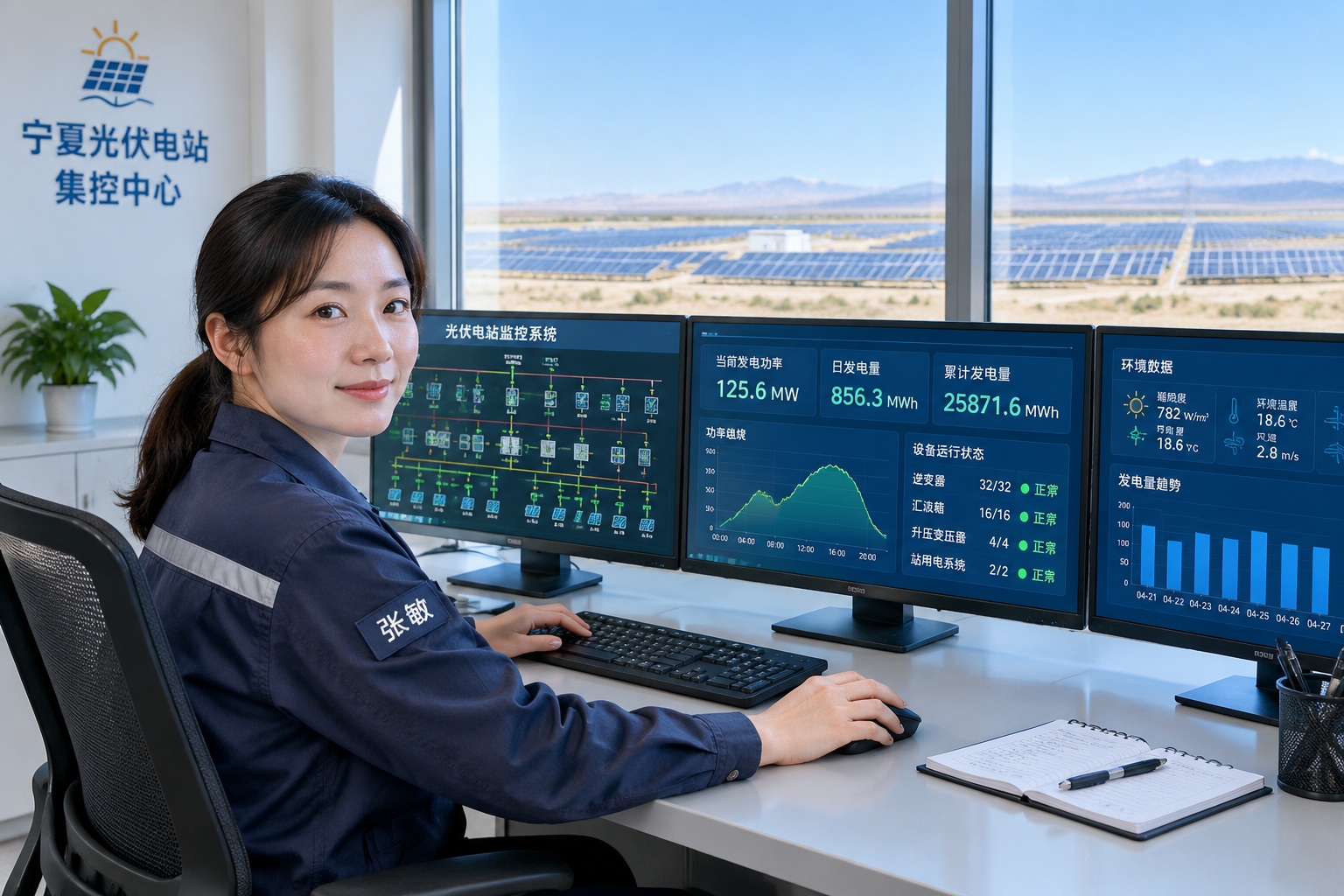 How Infrastructure Feeds China's Tech Revolution: From 5G and Solar to AI, Robots and Chips 22 Technician monitoring solar power flow in a control room in Ningxia, China, with solar panels visible through the window.