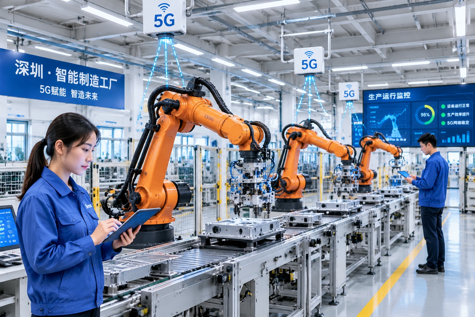 How Infrastructure Feeds China's Tech Revolution: From 5G and Solar to AI, Robots and Chips 23 Robotic arms on a smart factory assembly line in Shenzhen, China, connected by 5G antennas.