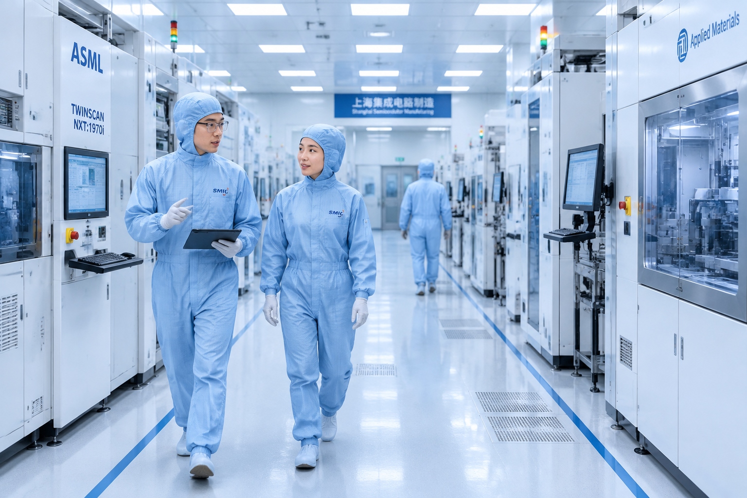 How Infrastructure Feeds China's Tech Revolution: From 5G and Solar to AI, Robots and Chips 24 Engineers in cleanroom suits inside a semiconductor fabrication plant in Shanghai, China.