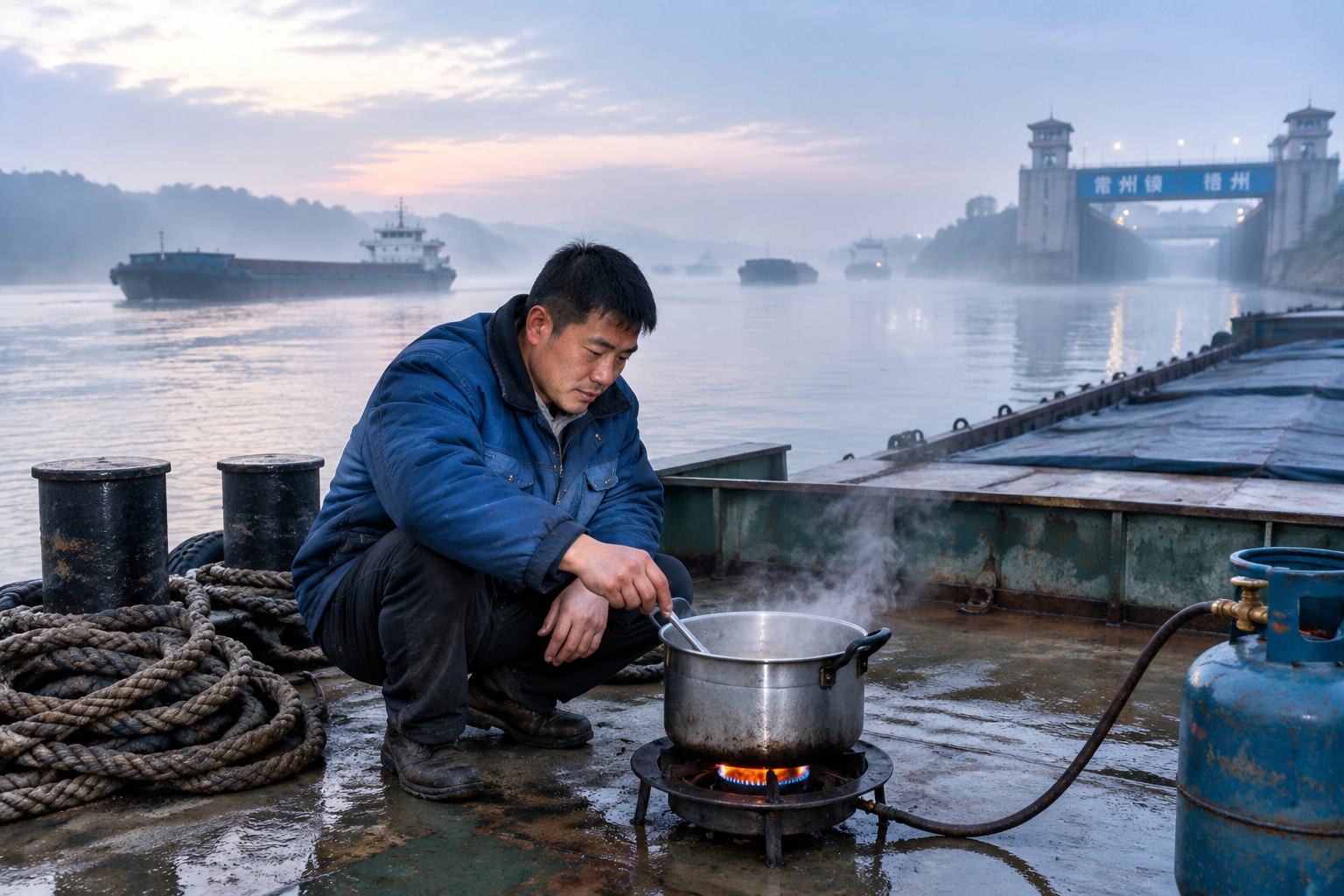 A deckhand cooking breakfast on the bow of a cargo barge queued at the Changzhou lock on the Xi River in Wuzhou, Guangxi, at dawn