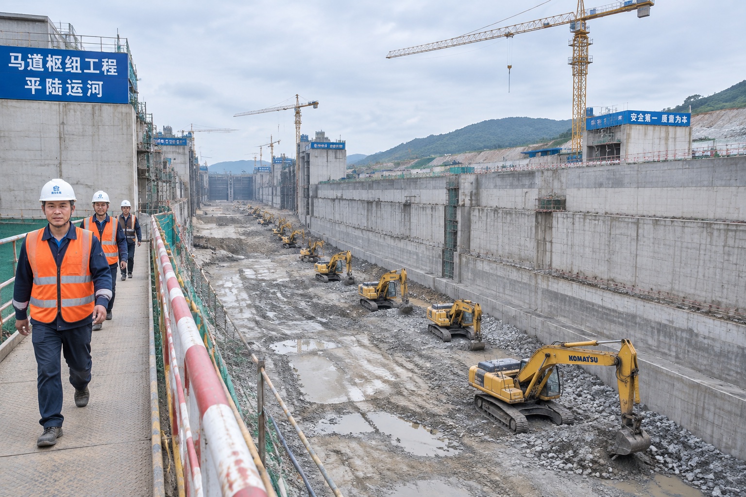 Excavators and concrete lock walls under construction at the Madao lock complex on the Pinglu Canal in Guangxi