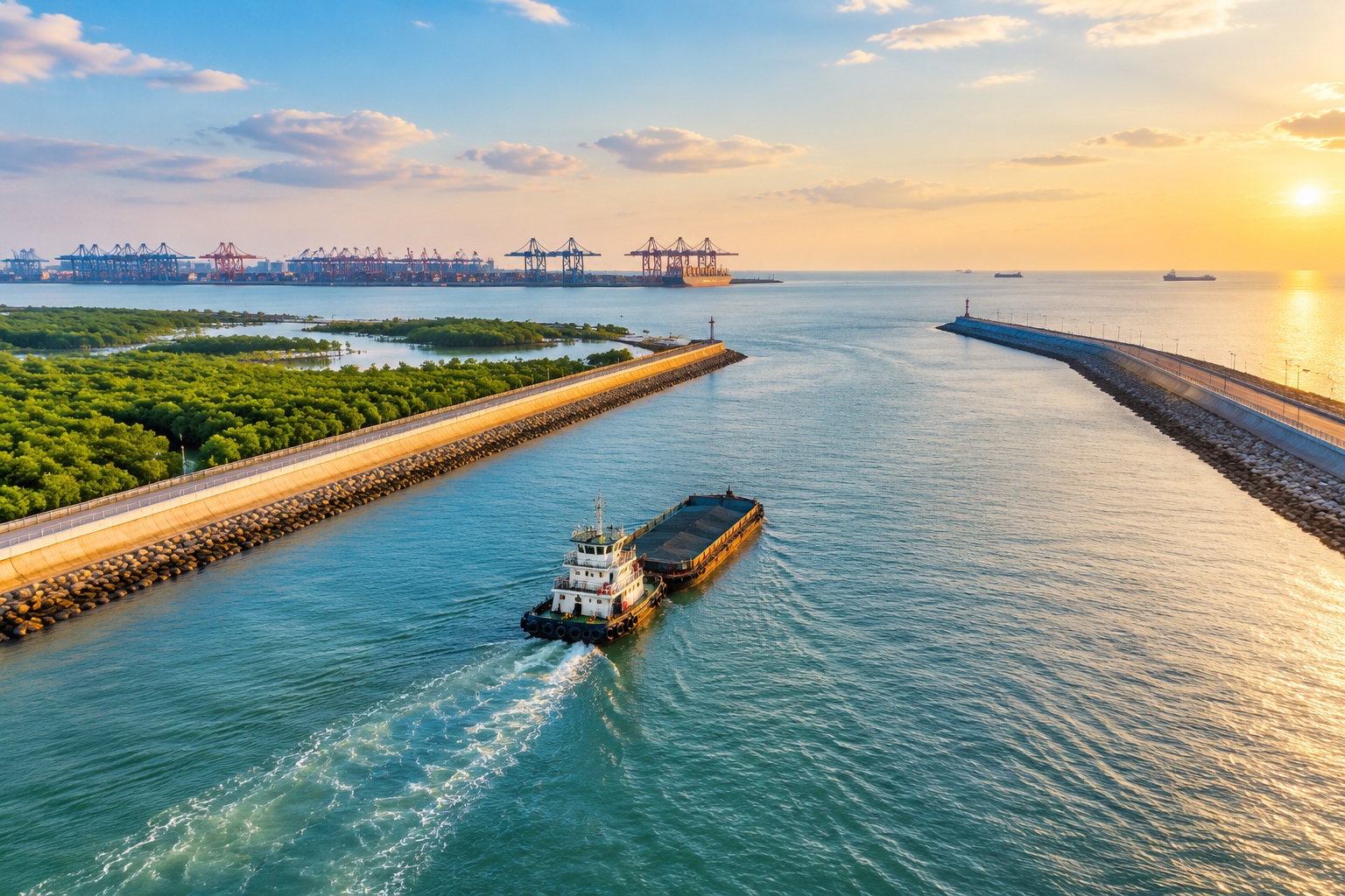 The Pinglu Canal opening into the Beibu Gulf near Qinzhou, with mangroves along the bank and port cranes in the distance
