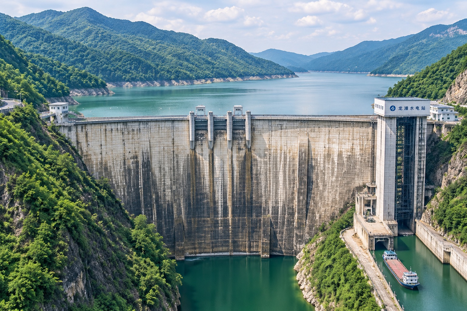 Longtan dam on the Hongshui River in Tian'e County, Guangxi, with a barge at the ship lift structure