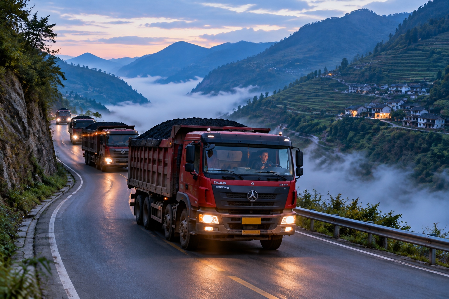 Coal trucks climbing a mountain highway in Guizhou at dusk, the road haulage alternative to river shipping