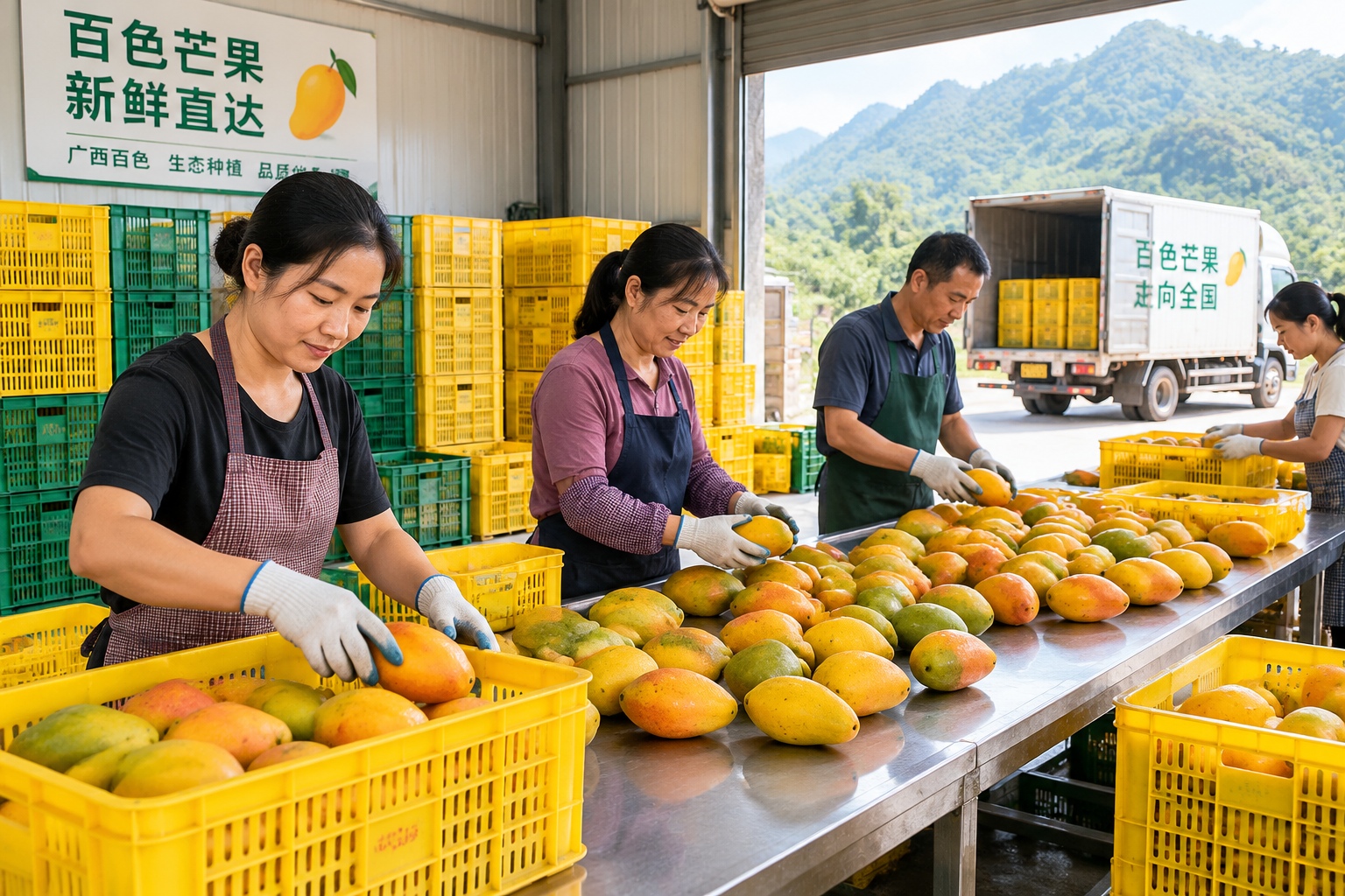 Workers sorting mangoes into crates at a packing shed in Baise, Guangxi, near the Youjiang River