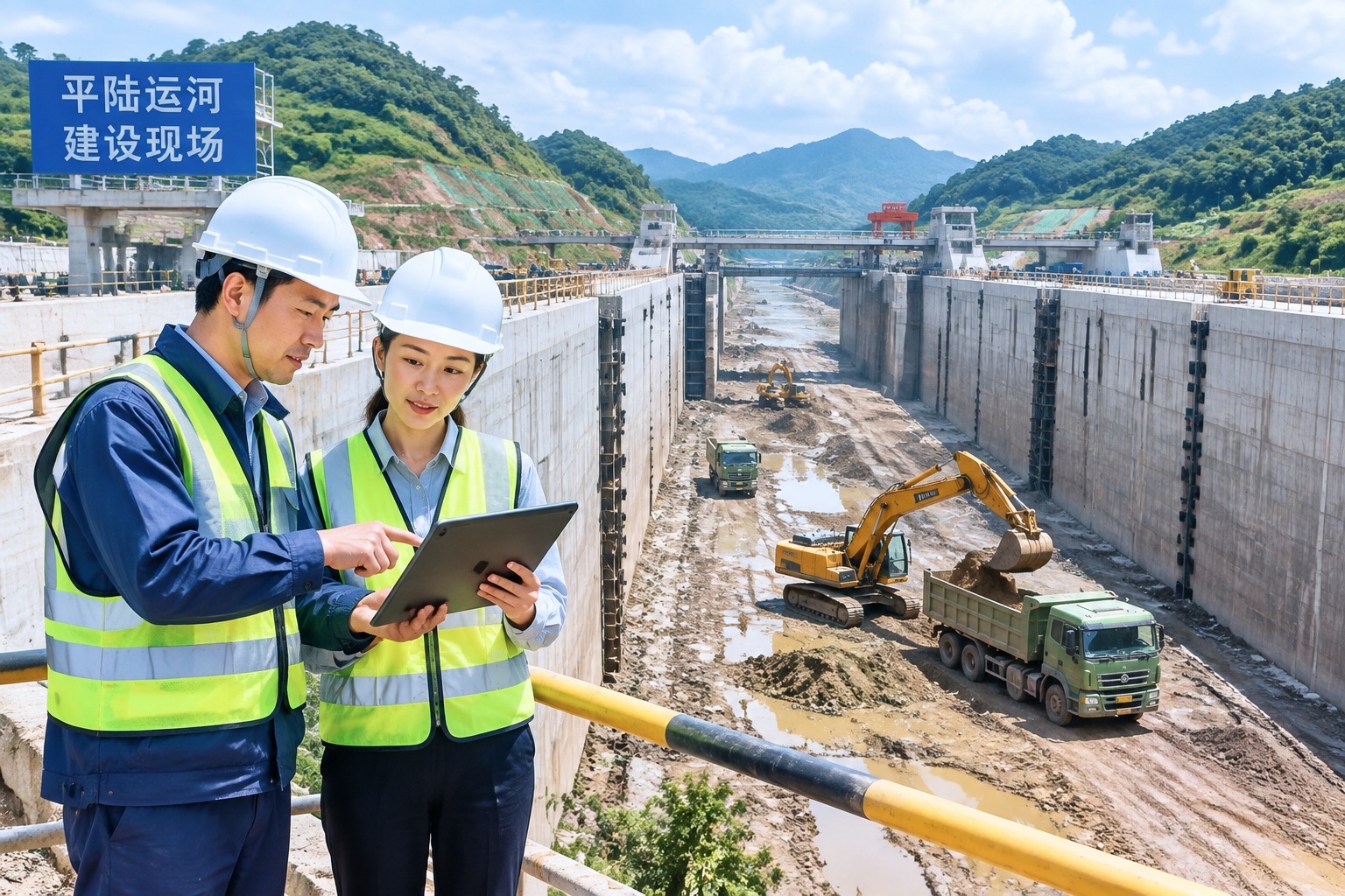 Beyond the Pinglu Canal: The Southern China Waterway Network Taking Shape by 2035 22 Excavators and workers building a lock chamber at the Pinglu Canal construction site in Lingshan county, Guangxi, China