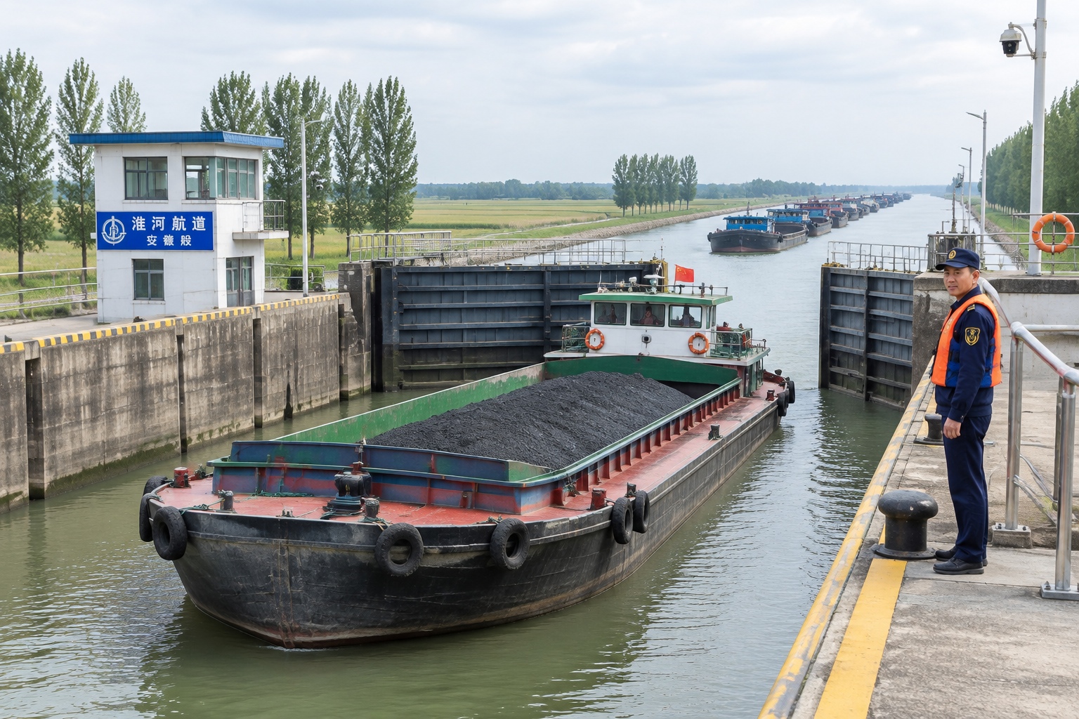 Beyond the Pinglu Canal: The Southern China Waterway Network Taking Shape by 2035 23 A cargo barge passing through a lock on the Jianghuai Canal in Anhui province, China, with farmland on both banks