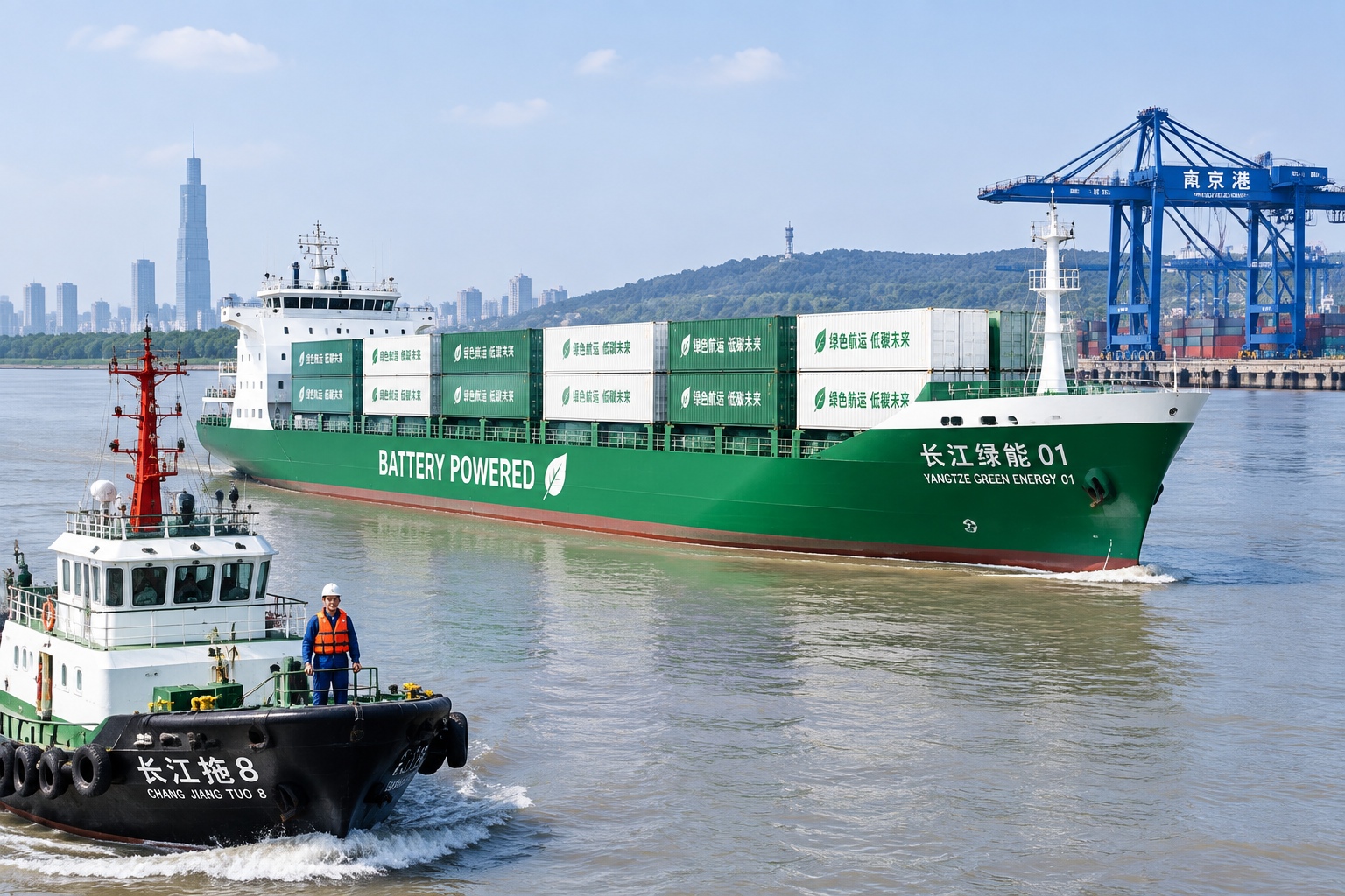 Beyond the Pinglu Canal: The Southern China Waterway Network Taking Shape by 2035 25 A battery-powered container ship carrying green containers along the Yangtze River near Nanjing, China