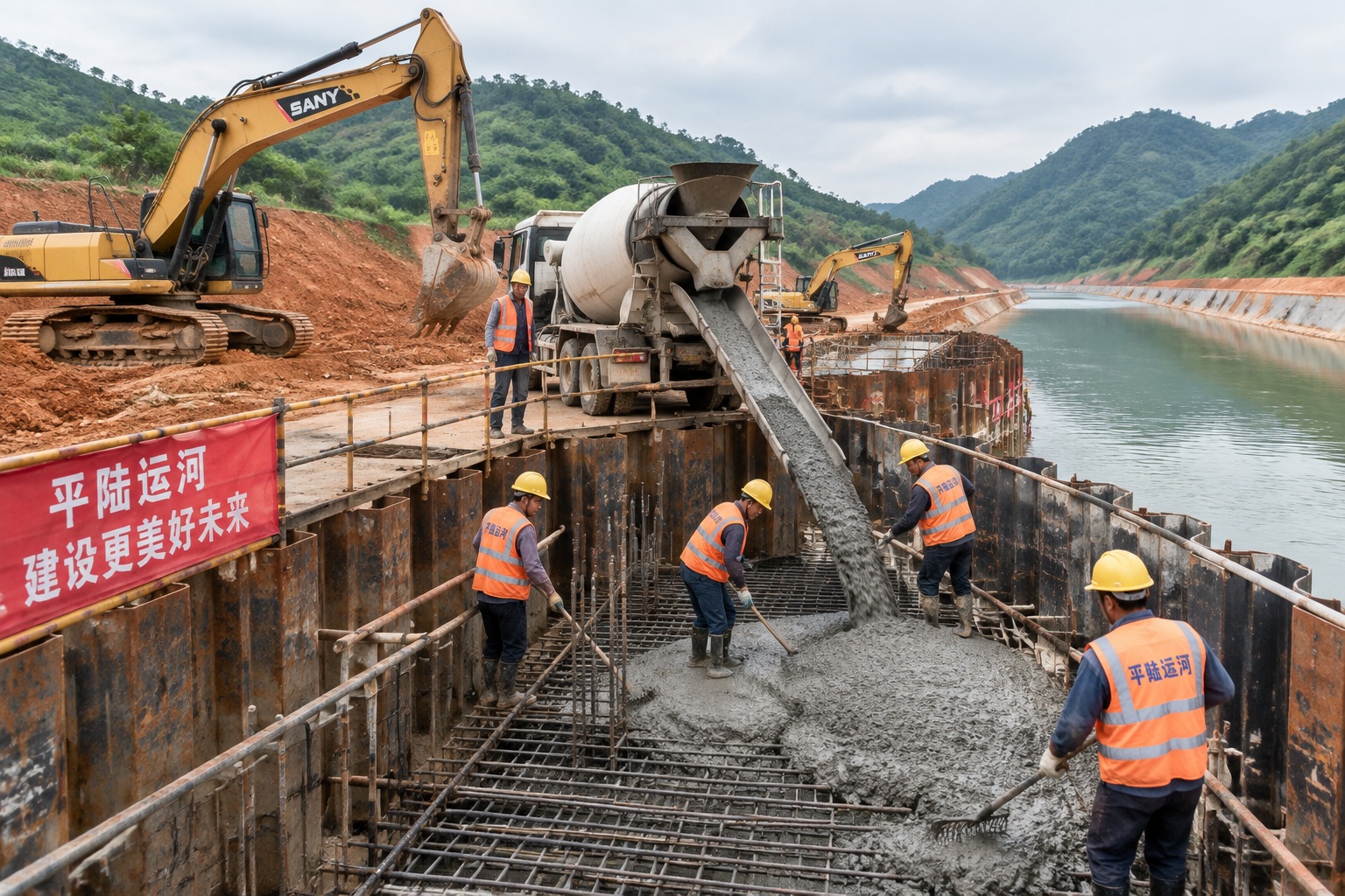 Workers in hard hats and safety vests pouring concrete at the Pinglu Canal construction site in Guangxi, China, with excavators and red earth embankments behind them