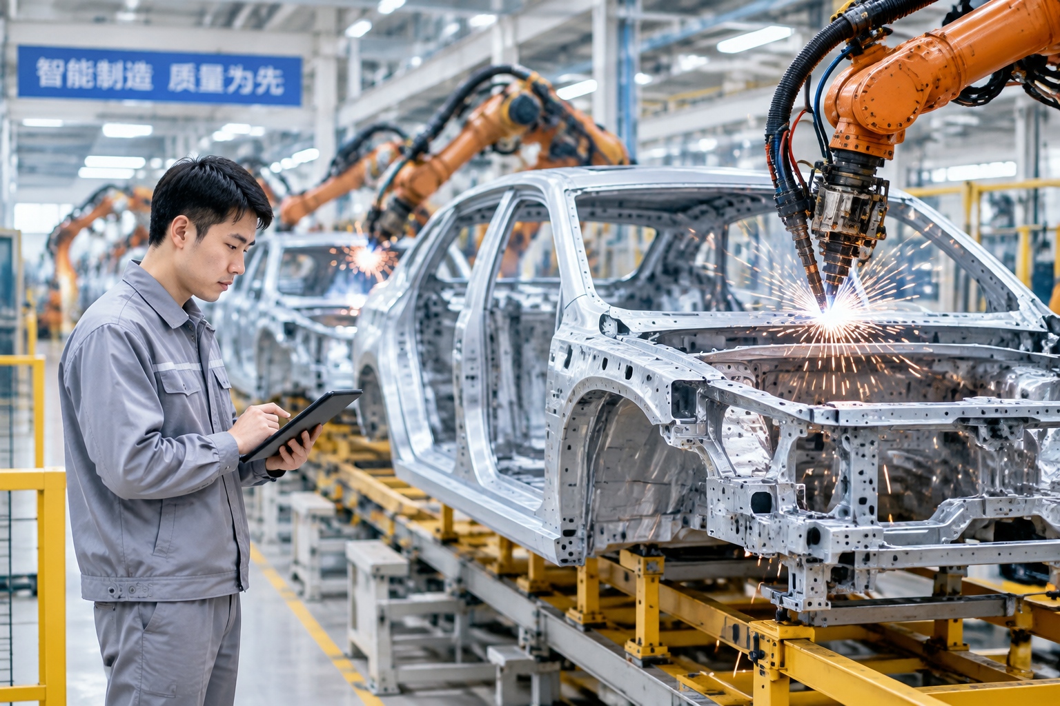 Rows of orange industrial robot arms welding car bodies on a Chinese automotive assembly line while a technician checks a tablet nearby