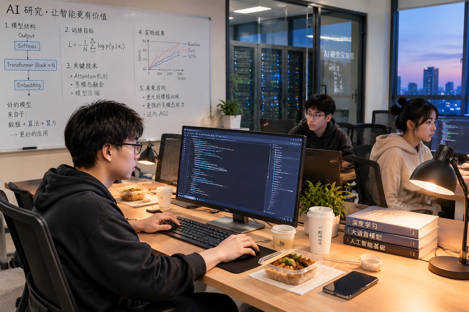 Young engineers working late at a Chinese AI research office, with code on monitors, handwritten equations on a whiteboard and takeaway containers on the desks