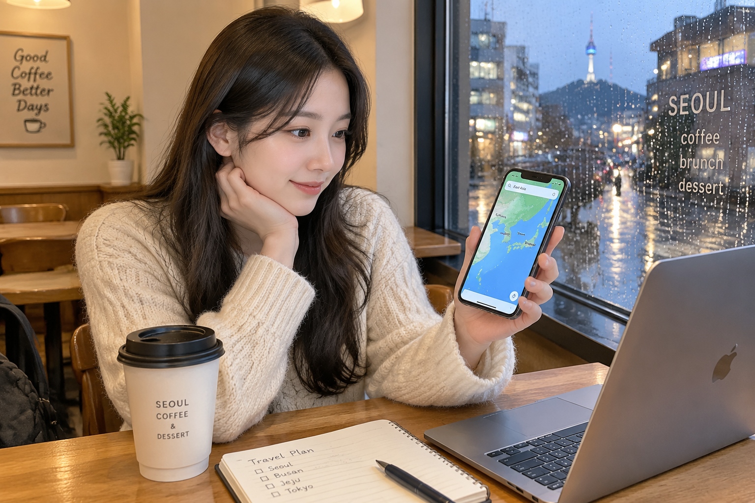 Young Korean woman in a Seoul cafe looking at a map of East Asia on her phone while comparing it with her laptop