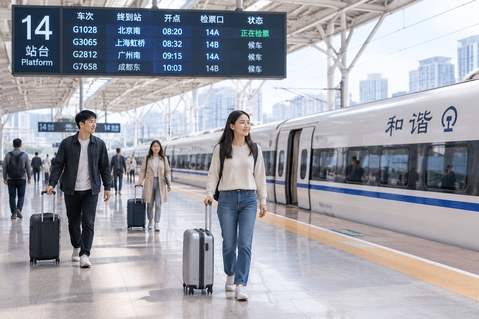 Travellers with suitcases on a Chinese high-speed rail platform beneath a departures board listing long-distance city destinations
