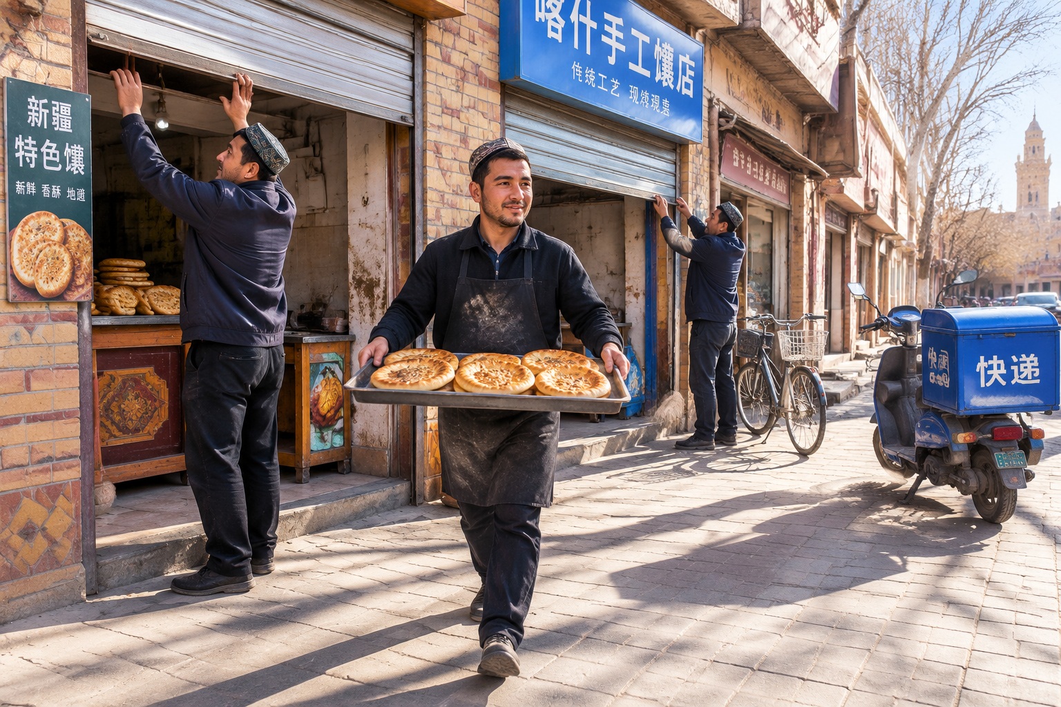 Late-morning winter street in Kashgar, Xinjiang, with shopkeepers opening shutters and long shadows on the pavement