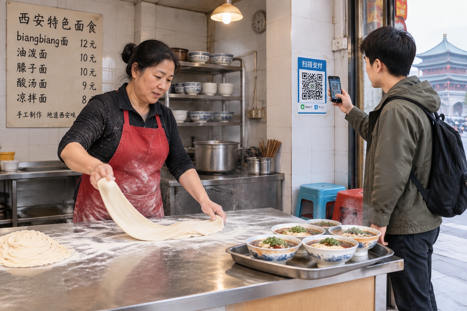 A noodle shop worker in Xi'an stretching biangbiang noodles while a customer pays by scanning a QR code taped to the counter