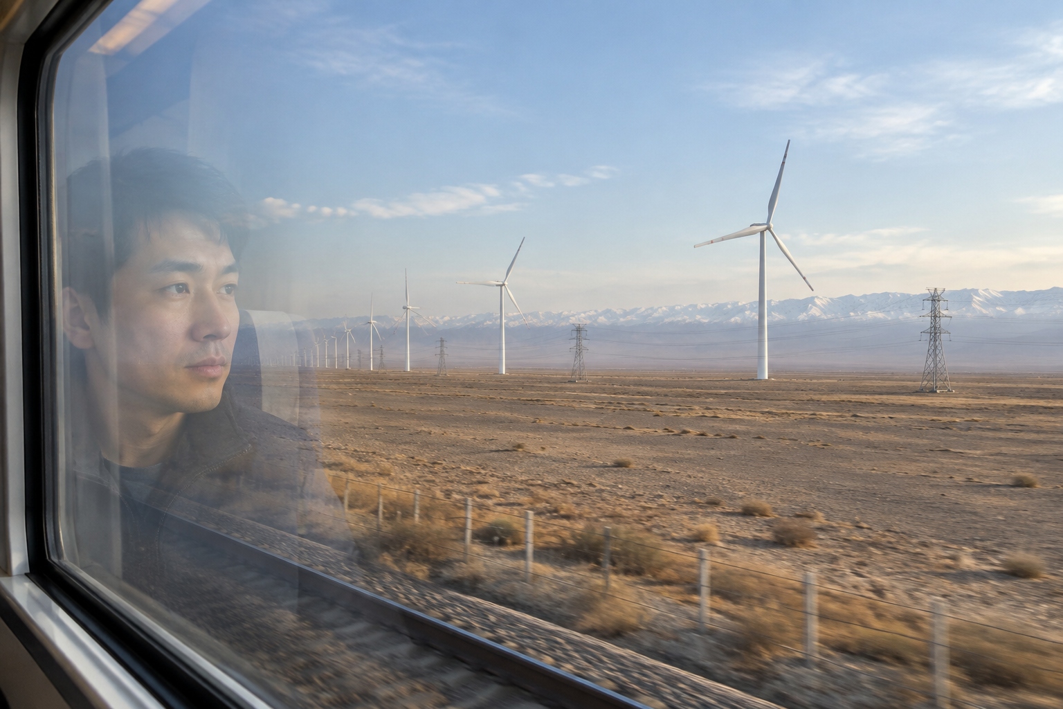 View from a train window in the Hexi Corridor showing Gobi desert, wind turbines and power lines stretching to the horizon