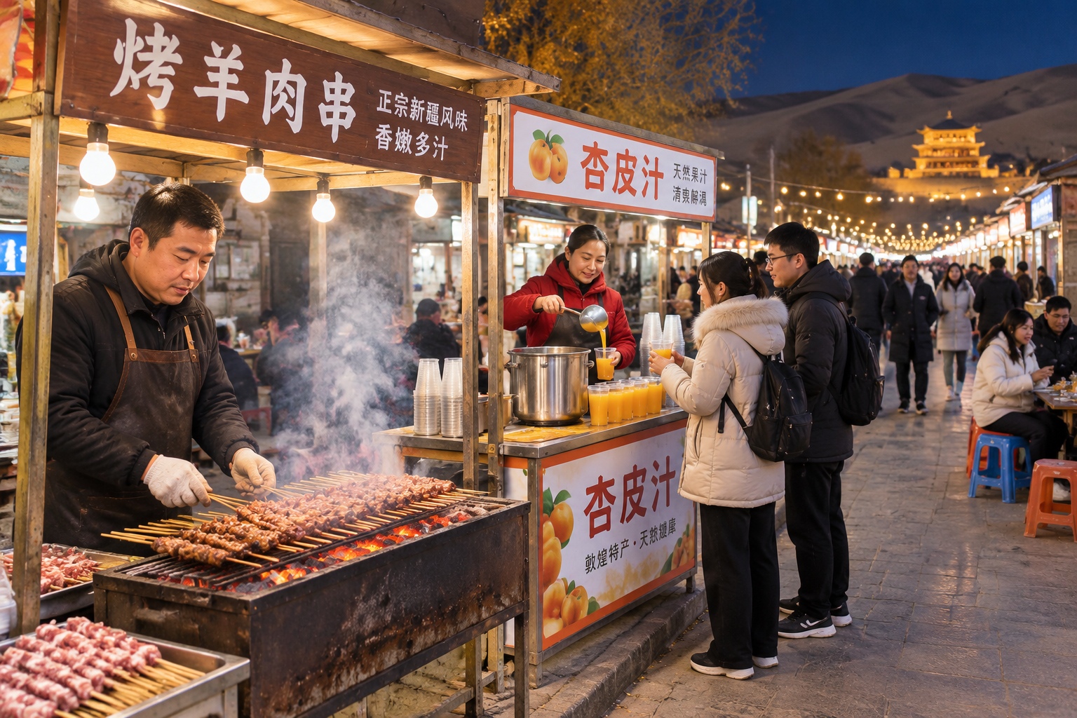 Dunhuang night market in autumn with lamb skewers grilling over charcoal and Chinese tourists crowding the food stalls